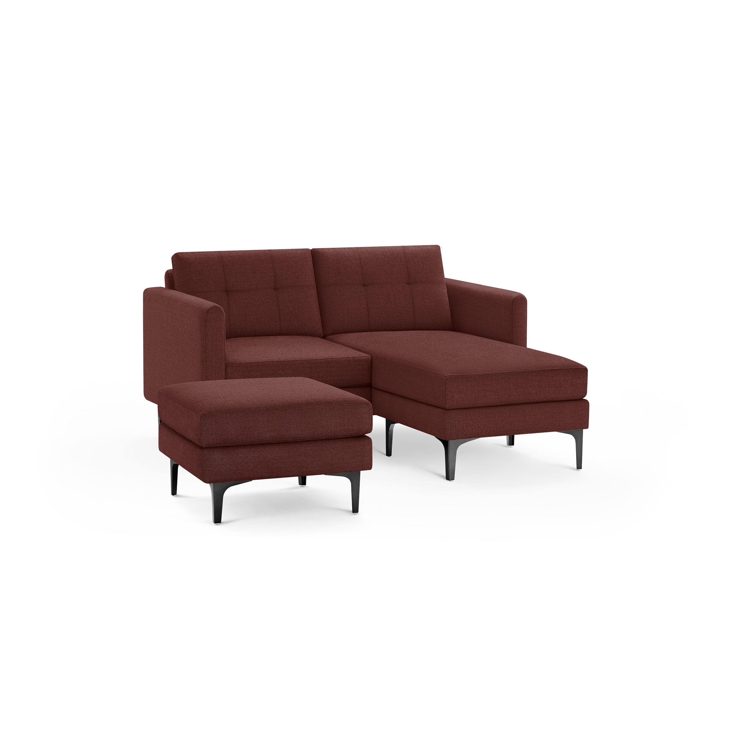 Modern sectional sofa with deep red fabric upholstery, tufted backrests, matching ottoman, and black metal legs.