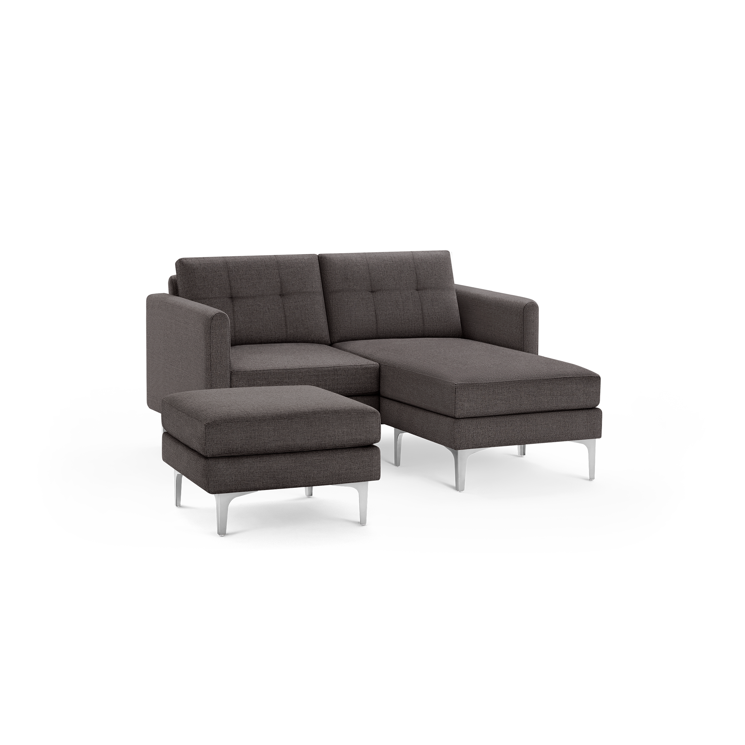 Modern dark gray fabric sectional sofa with clean lines, tufted back cushions, metal legs, and a matching ottoman.