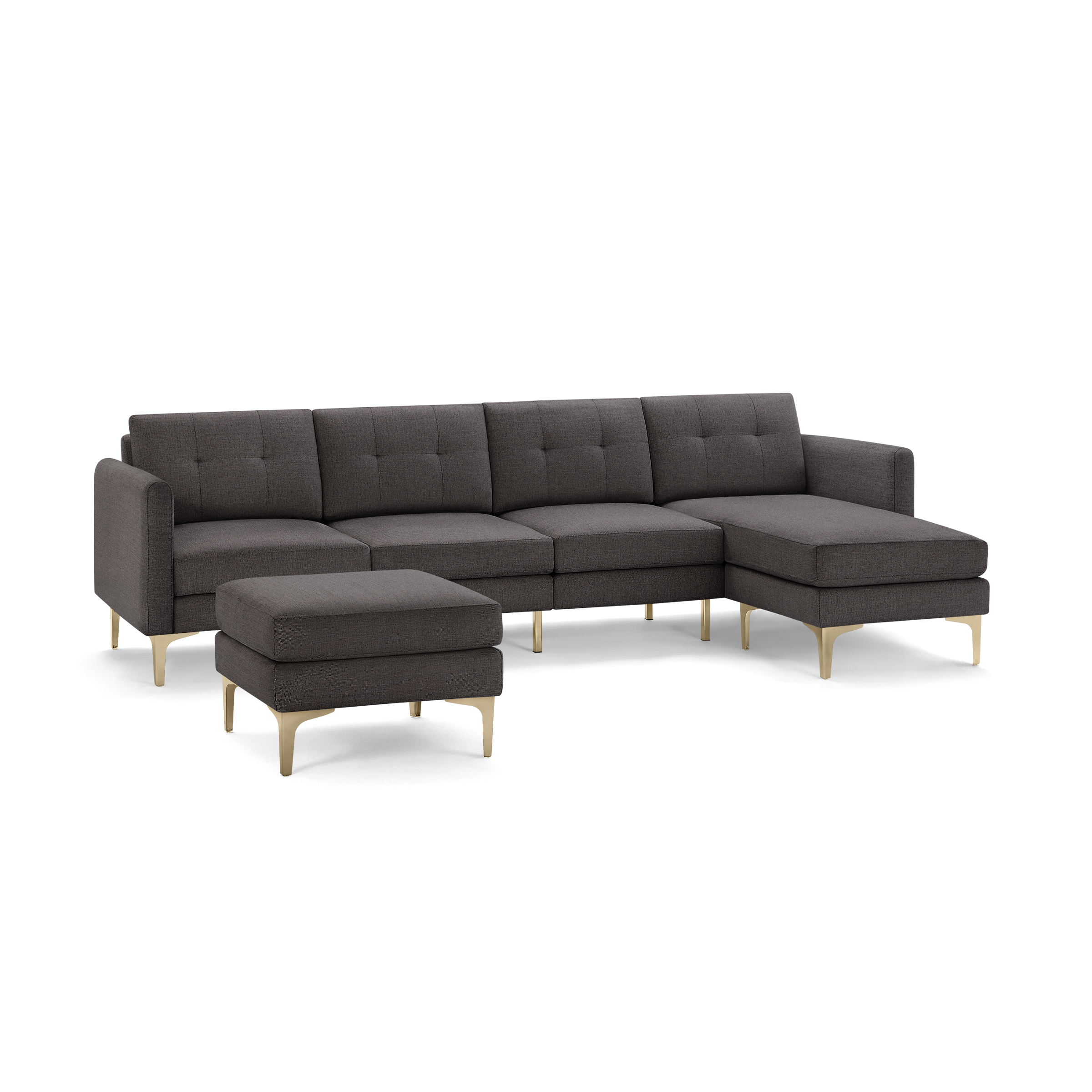 Dark gray modern sectional sofa with tufted cushions and matching ottoman, featuring sleek gold-tone metal legs.