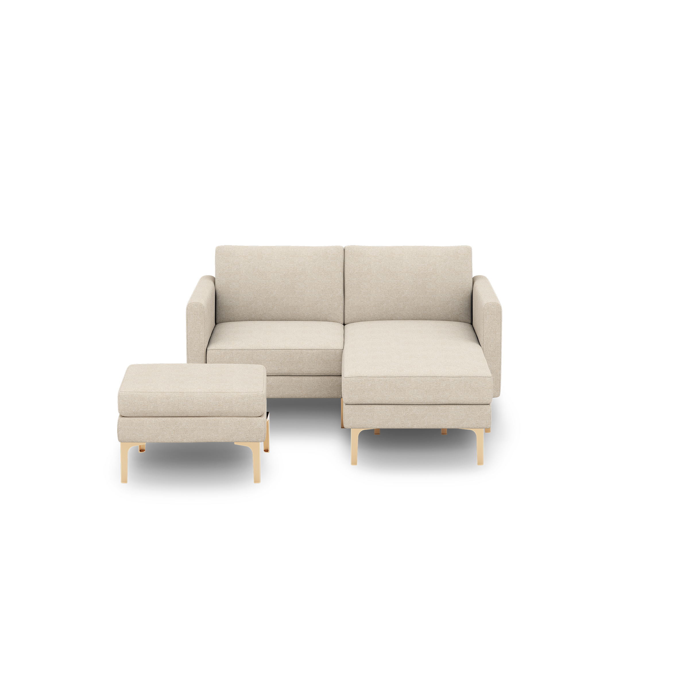 Beige fabric sectional sofa with wooden legs, featuring a right-side chaise and a matching ottoman.