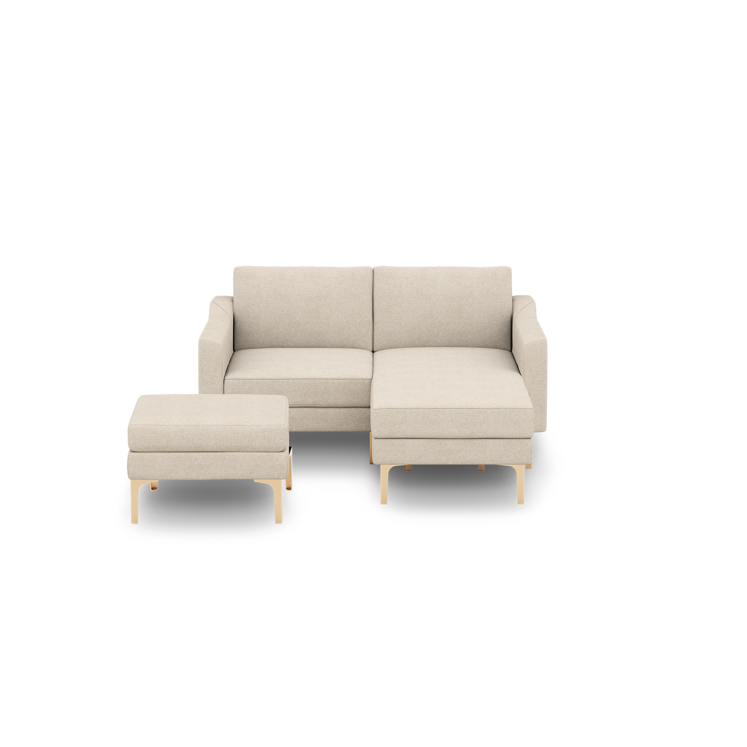 Beige modern sectional sofa with wooden legs, including a chaise lounge on the right and a matching ottoman on the left.
