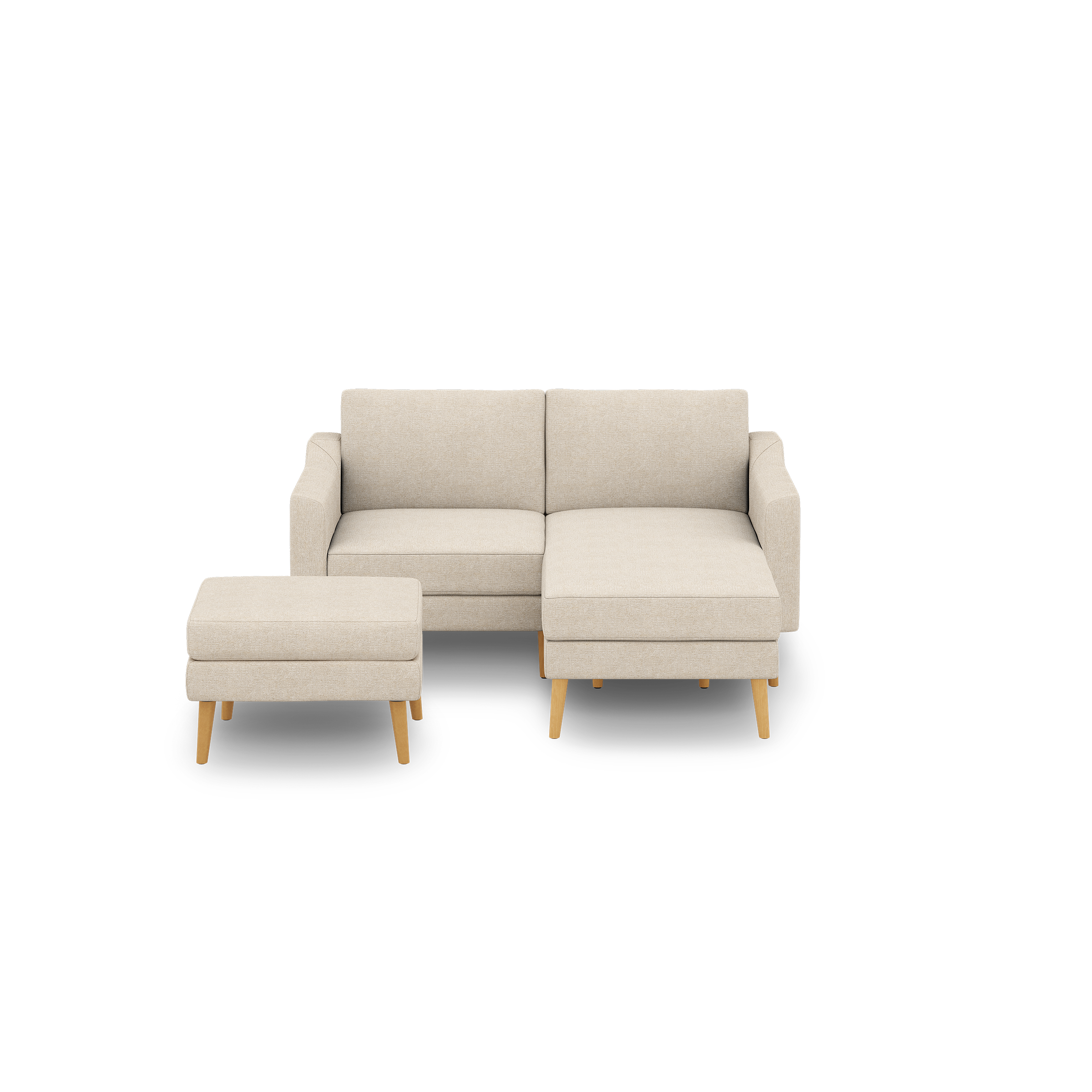 Beige two-seater sofa with attached chaise lounge and matching ottoman, featuring wooden tapered legs and clean, modern design.