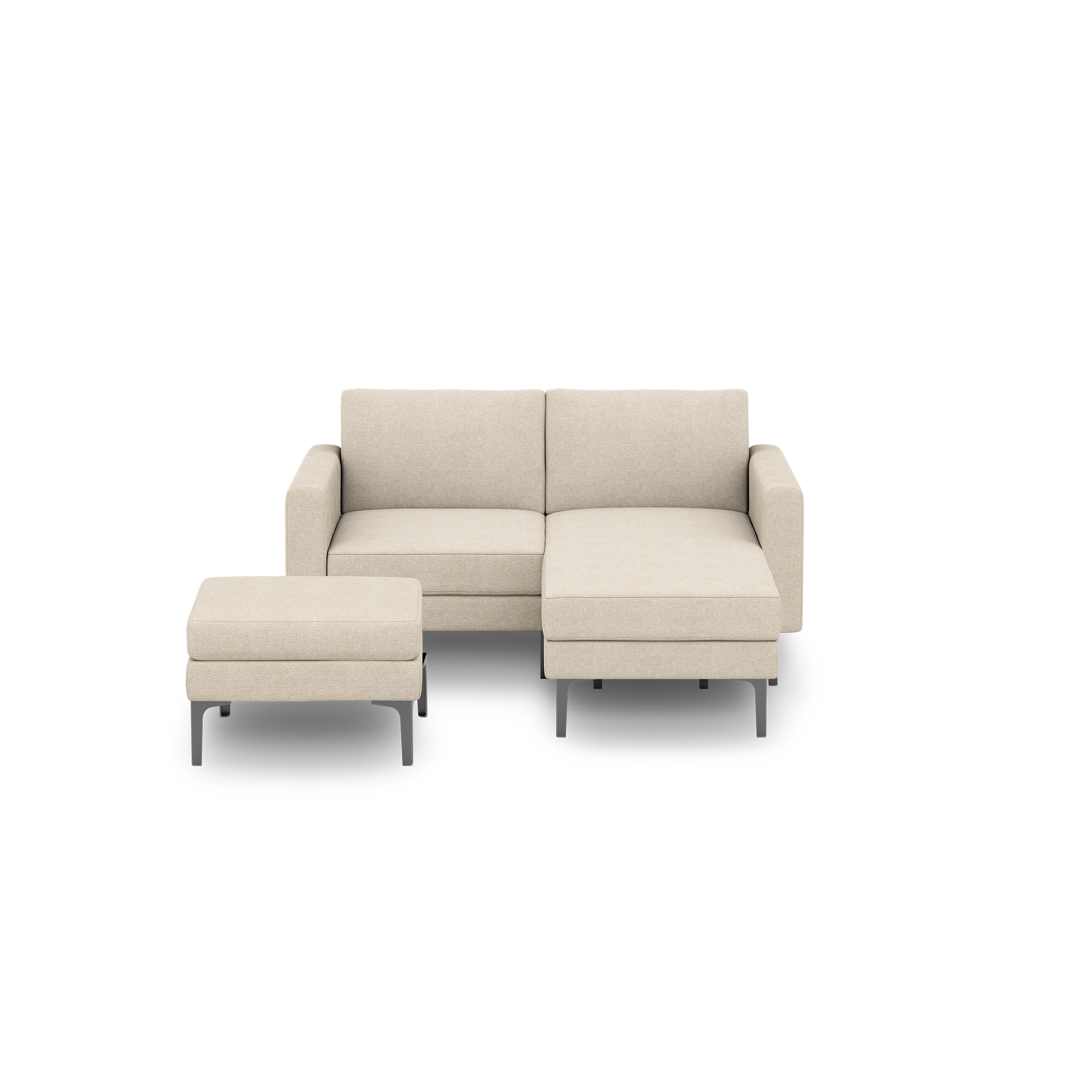 Modern beige fabric loveseat sofa with a matching ottoman, raised on black metal legs, minimalist design.