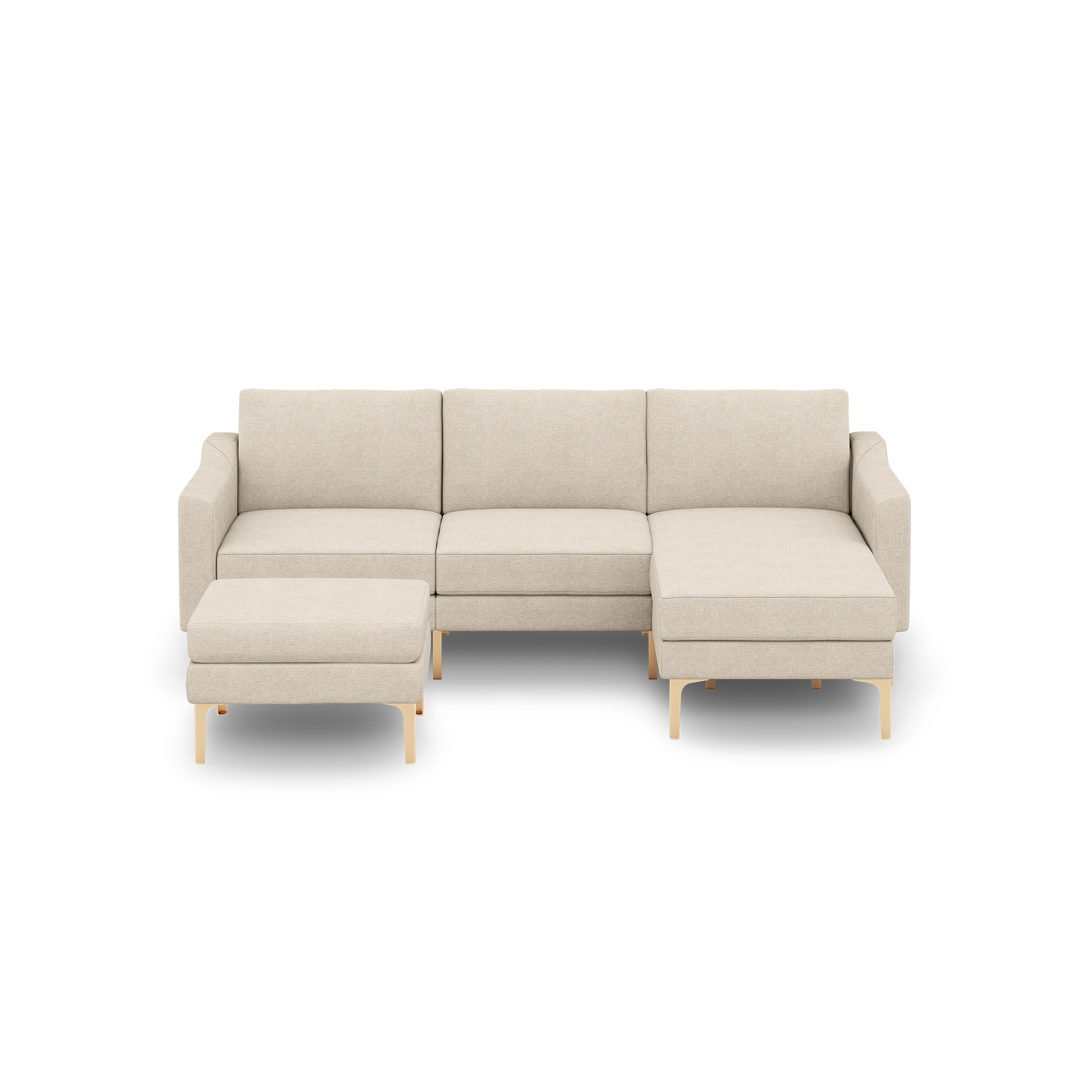 Beige fabric sectional sofa with wooden legs, featuring a three-seat design and a matching ottoman.