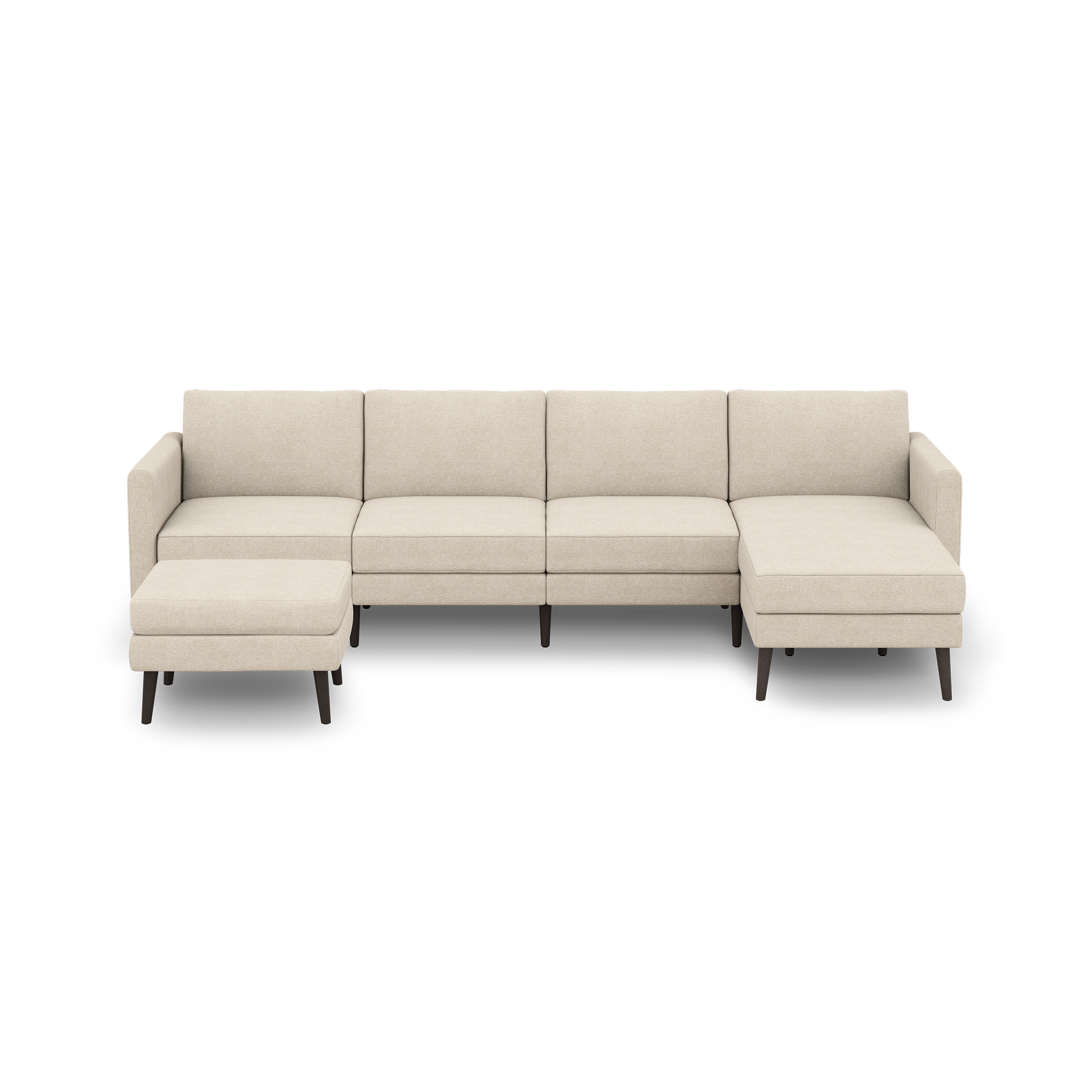 Beige modern sectional sofa with clean lines, dark wooden legs, and separate ottoman, set against a black background.