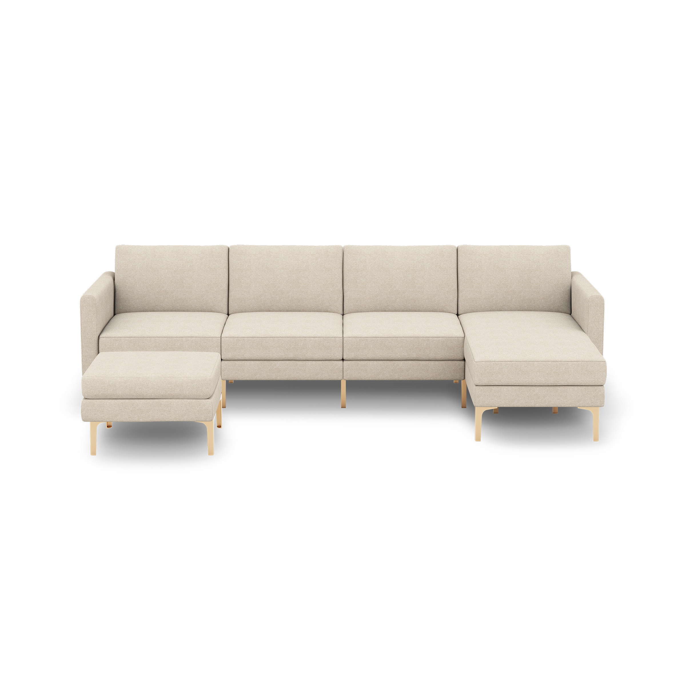 Beige fabric sectional sofa with an ottoman and wooden legs, featuring a modern, minimalist design.