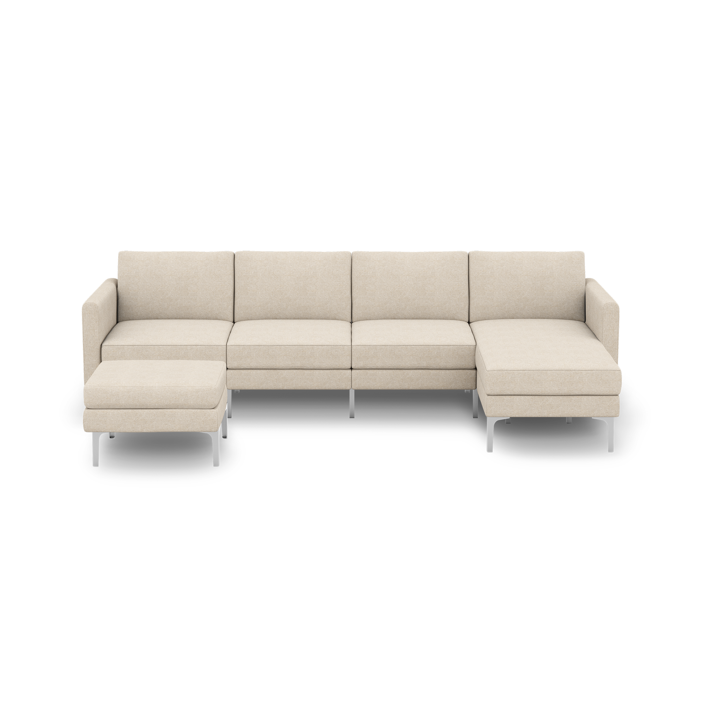 Beige fabric modern sectional sofa with metal legs, consisting of a left-side ottoman, four seat cushions, and a chaise on the right.