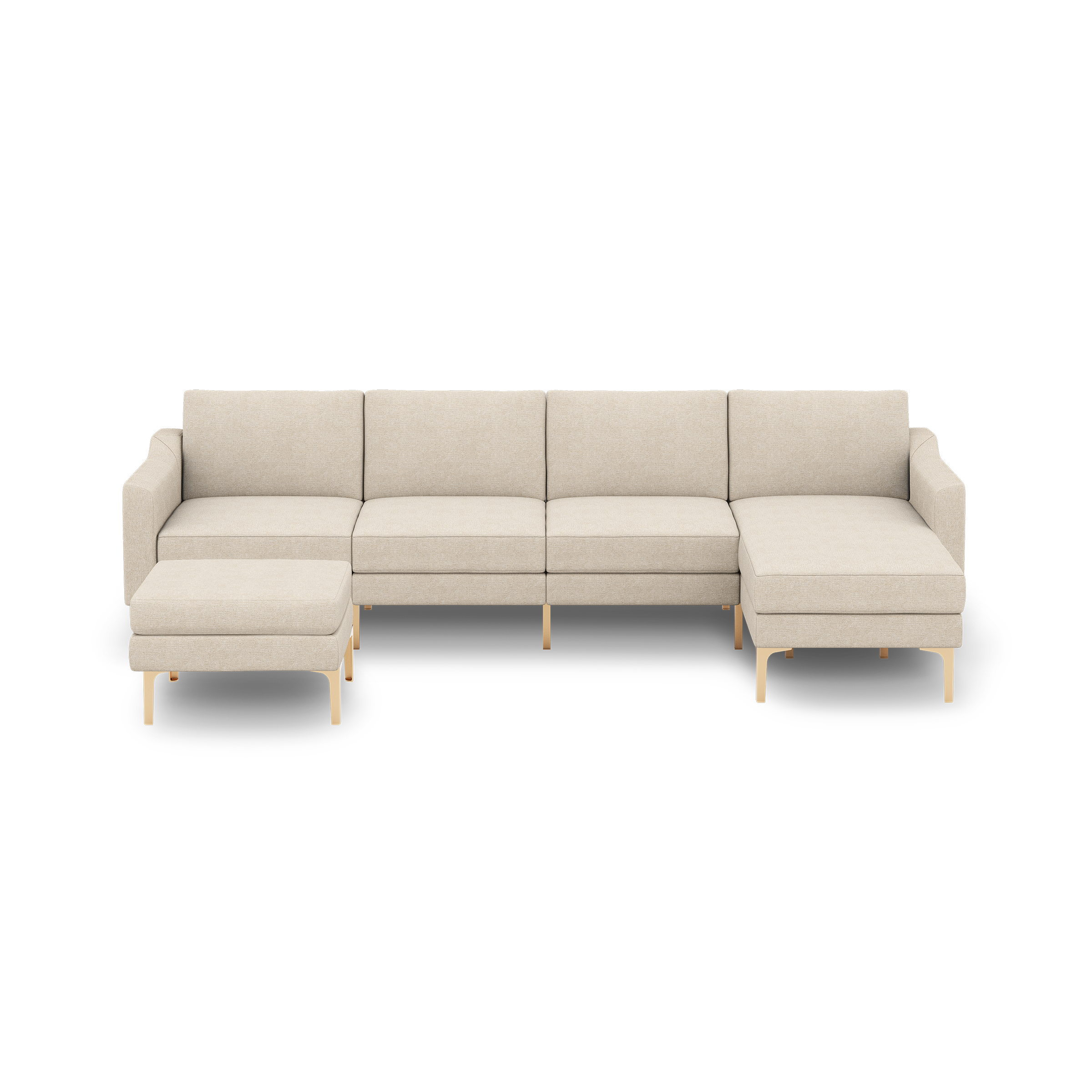 Beige fabric sectional sofa with wooden legs, featuring a left-side ottoman and right-side chaise lounge.