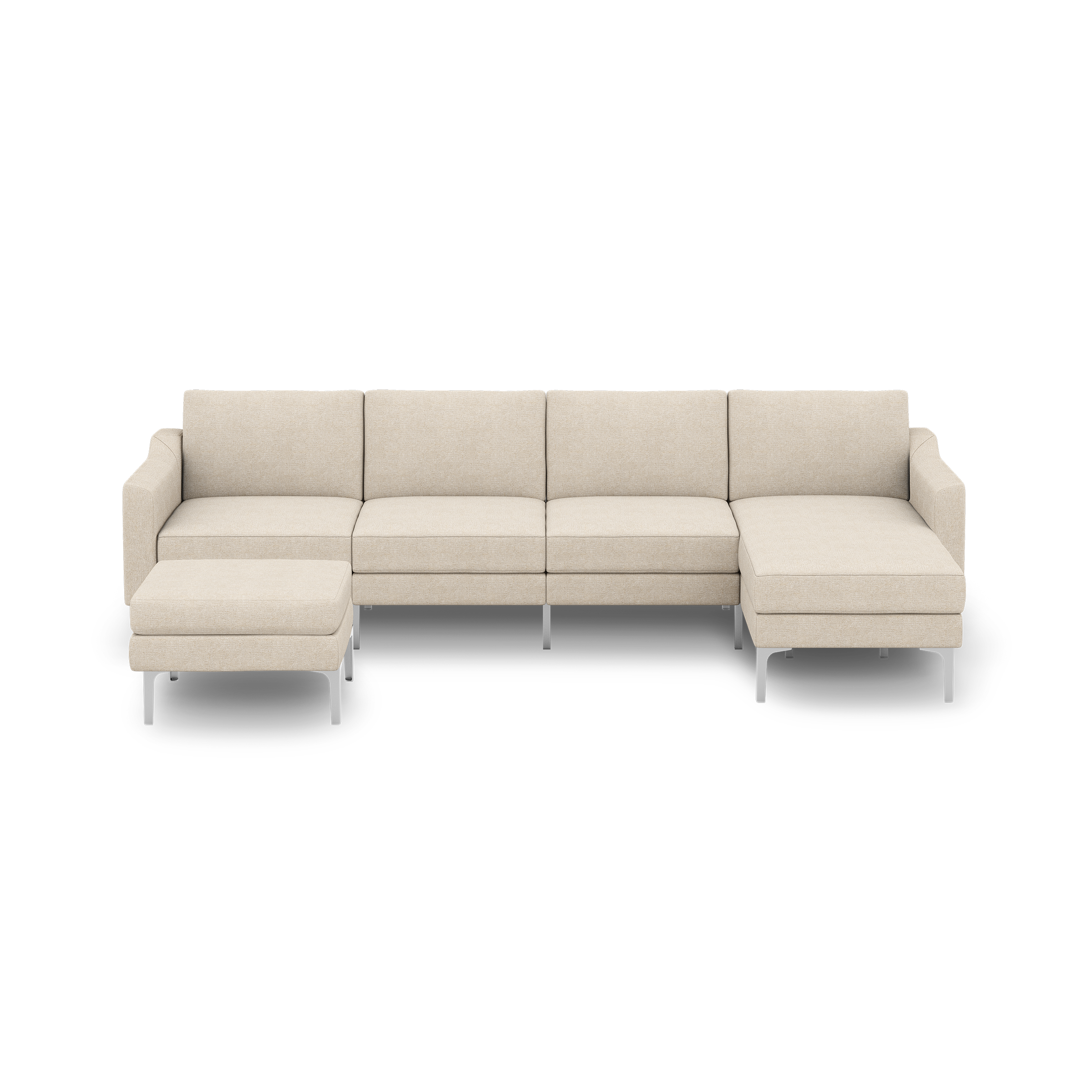 Beige sectional sofa with metal legs, featuring four seat cushions and an attached chaise lounge on the right side.