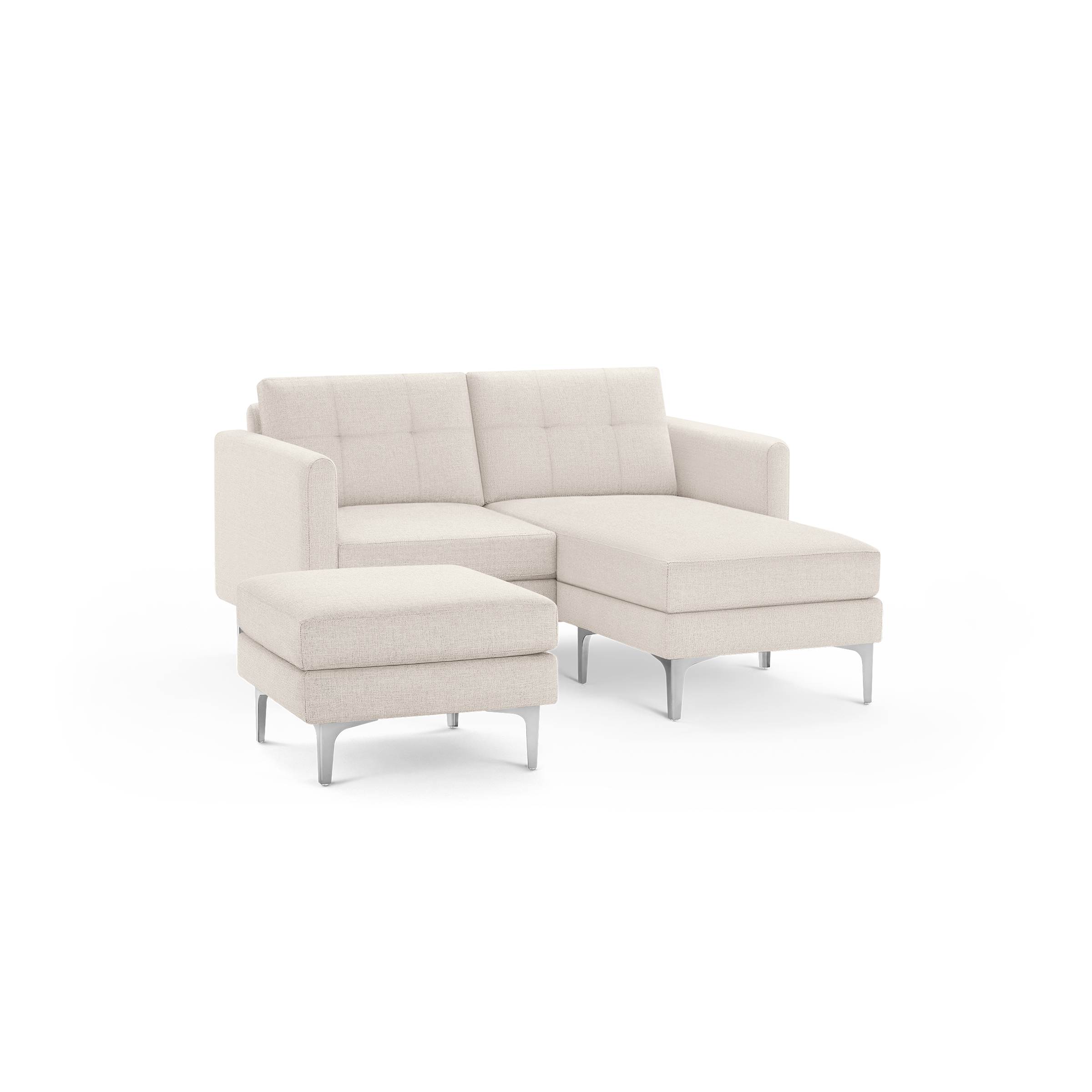 Modern beige fabric sectional sofa with metal legs, tufted back cushions, and matching ottoman.