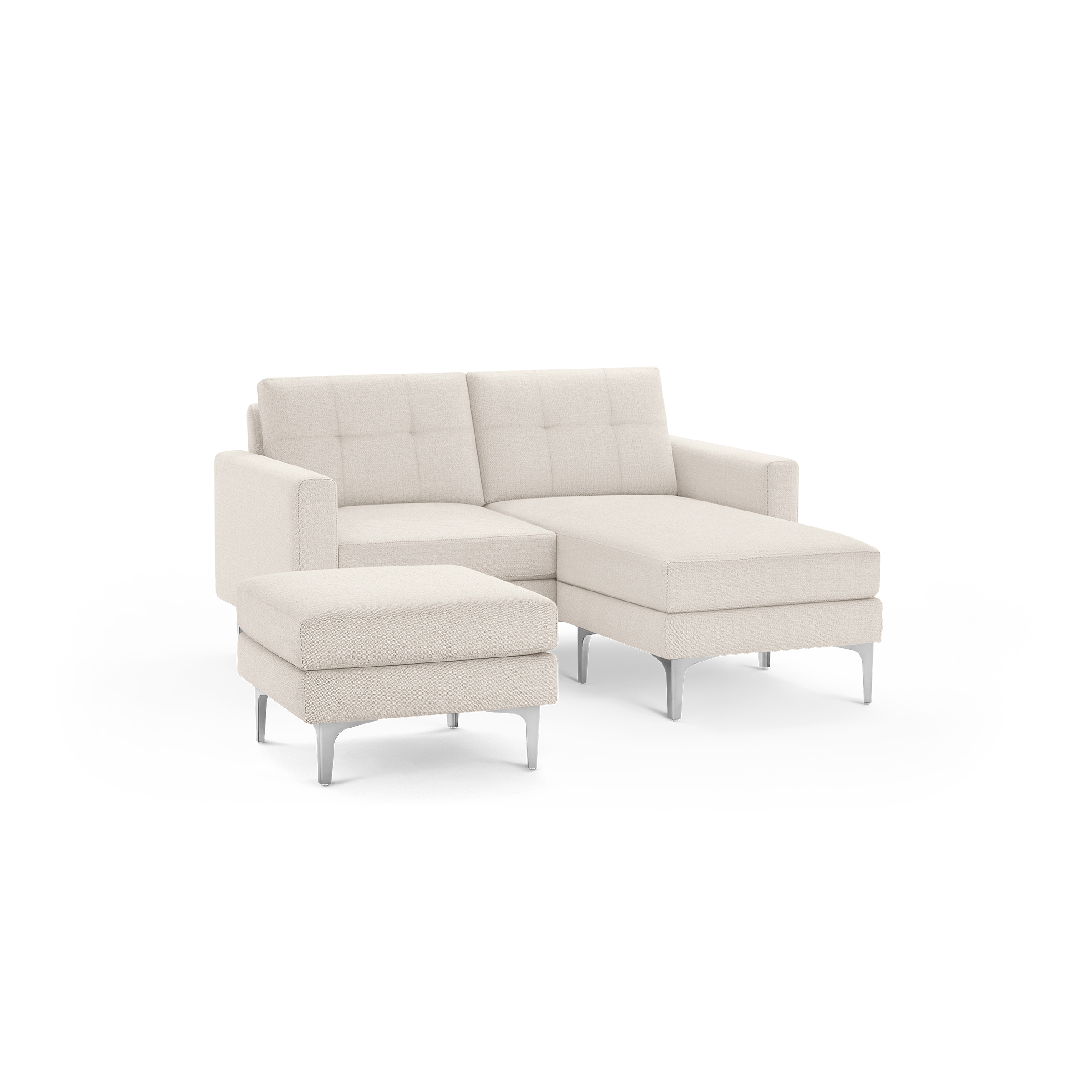 Beige modern sectional sofa with tufted back cushions and matching ottoman, featuring sleek metal legs for a contemporary look.