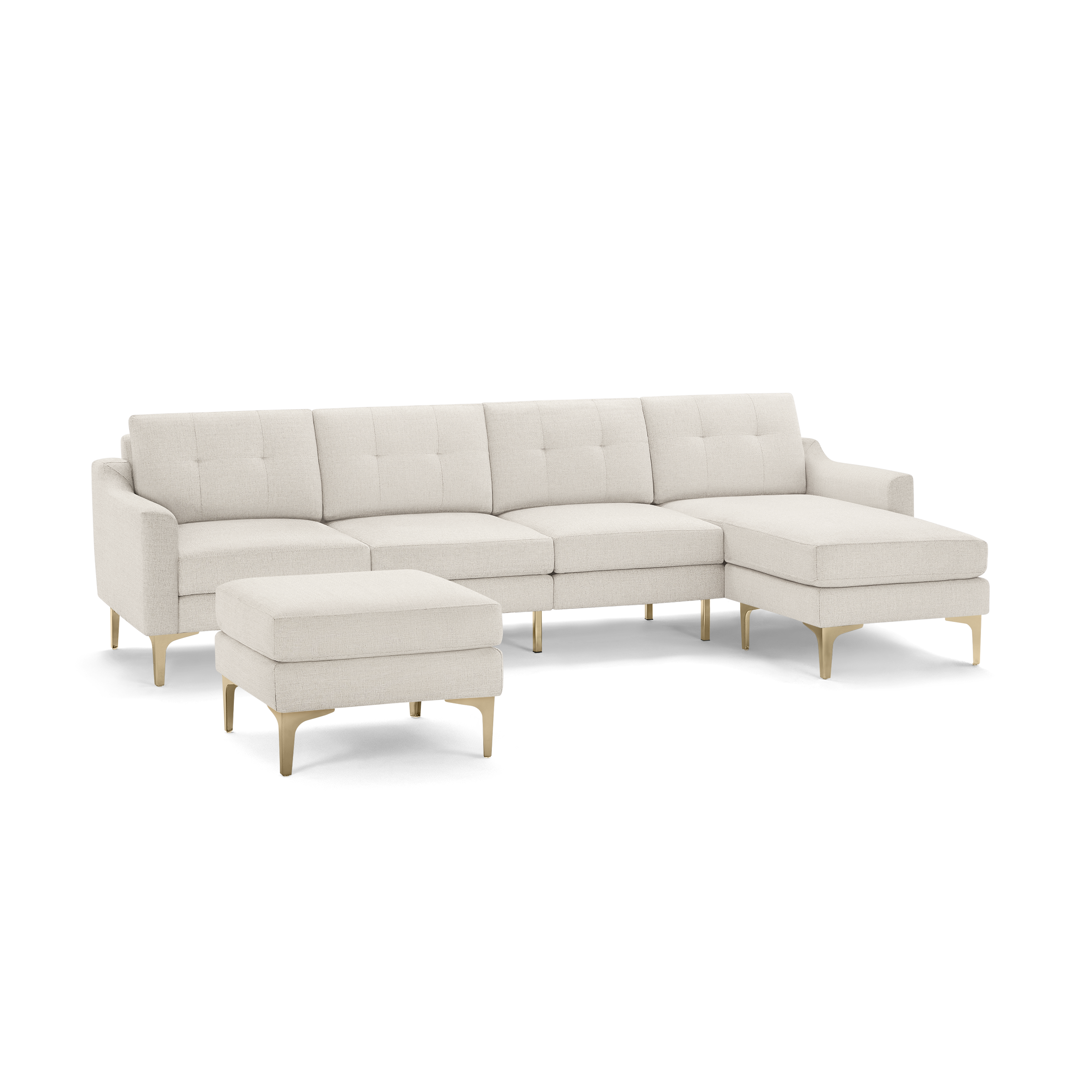 Modern beige sectional sofa with tufted cushions, gold metal legs, and a matching ottoman, perfect for spacious living rooms.