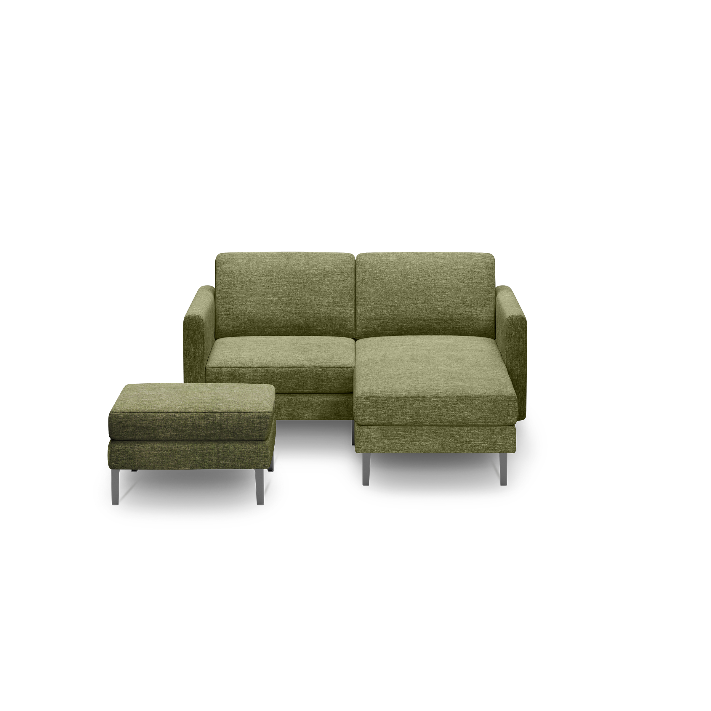Green upholstered sectional sofa with chaise and matching ottoman on silver metal legs, against black background.