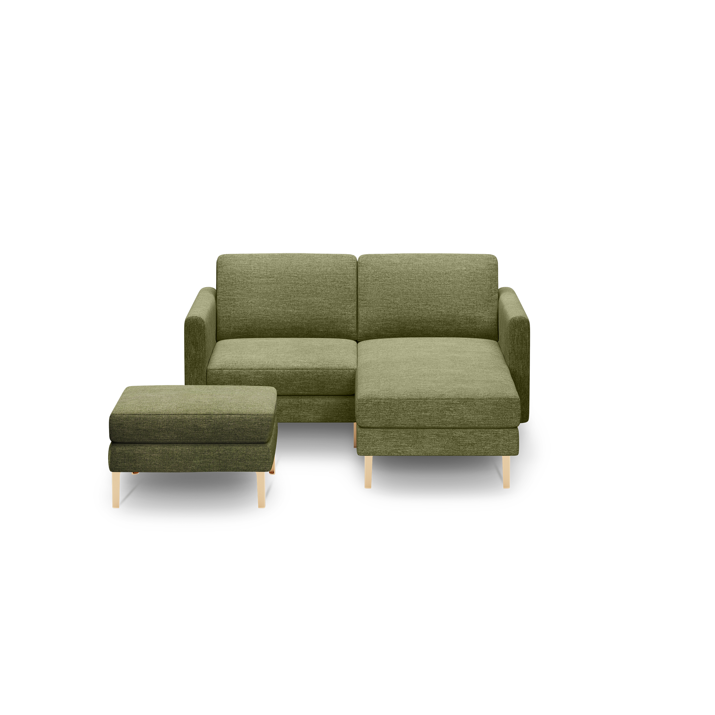 Green fabric chaise lounge sofa with matching ottoman, both featuring light wood legs and modern design.
