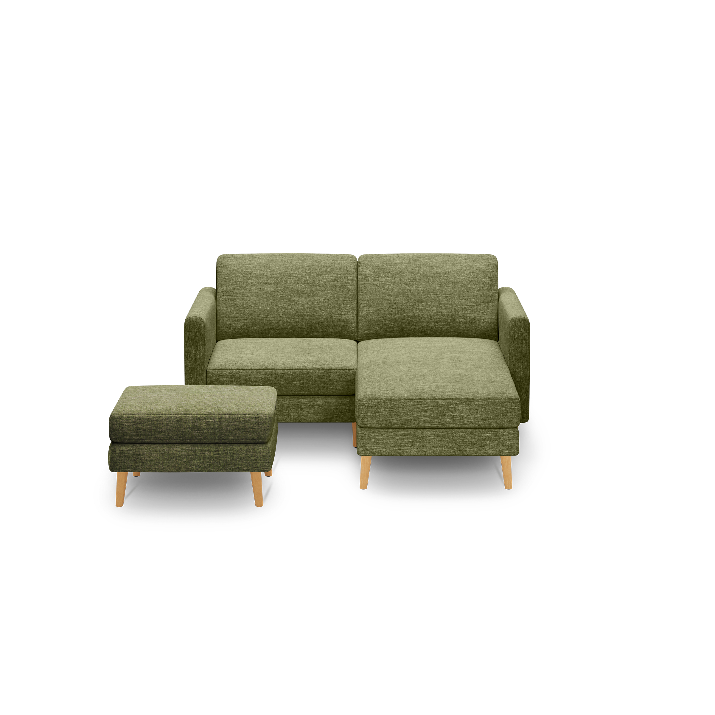 Modern olive green fabric sectional sofa with wooden legs and matching square ottoman on black background.