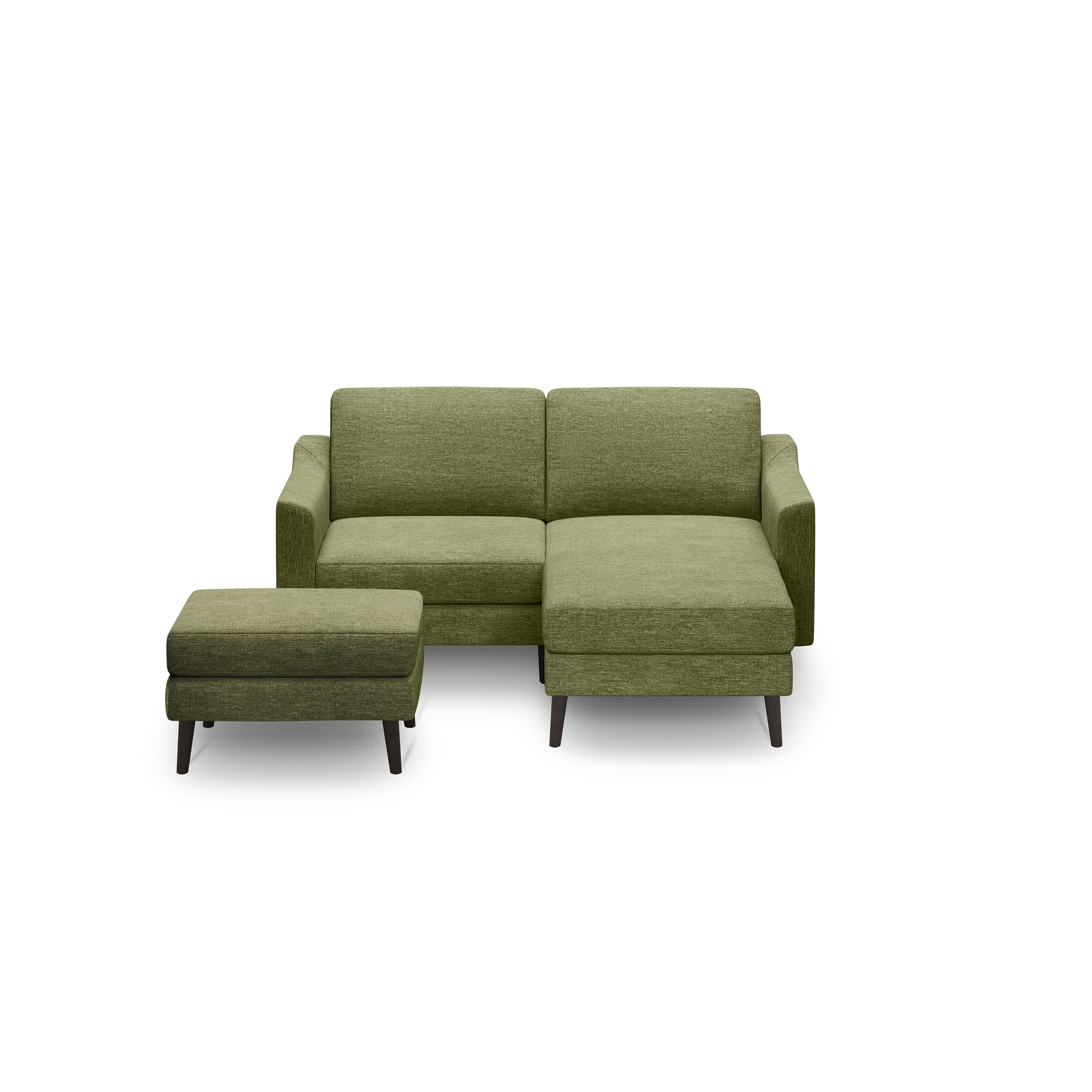 Modern olive green fabric sectional sofa with right chaise and matching rectangular ottoman, featuring dark tapered wooden legs.