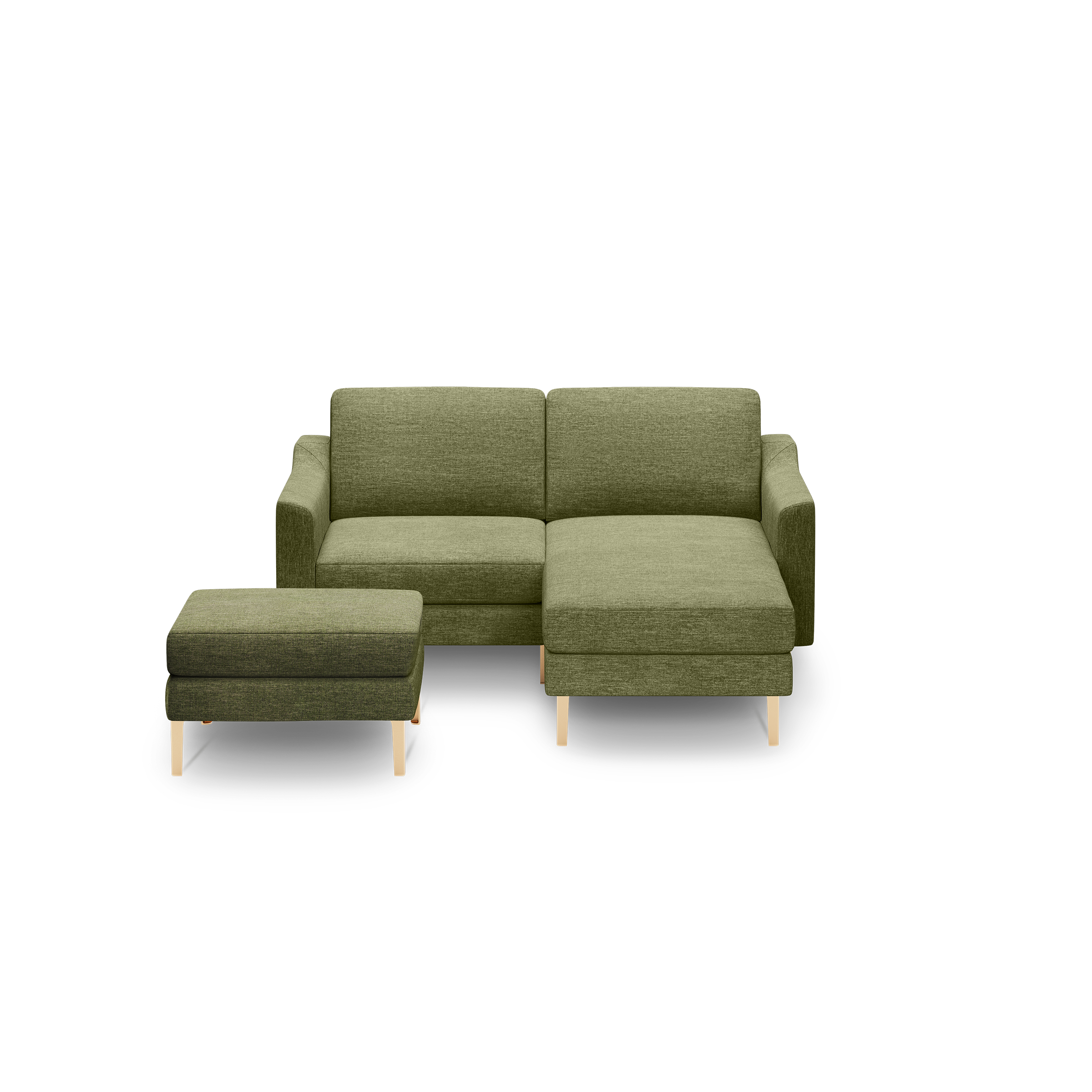Green fabric L-shaped sectional sofa with matching ottoman, supported by light wooden legs, shown on black background.