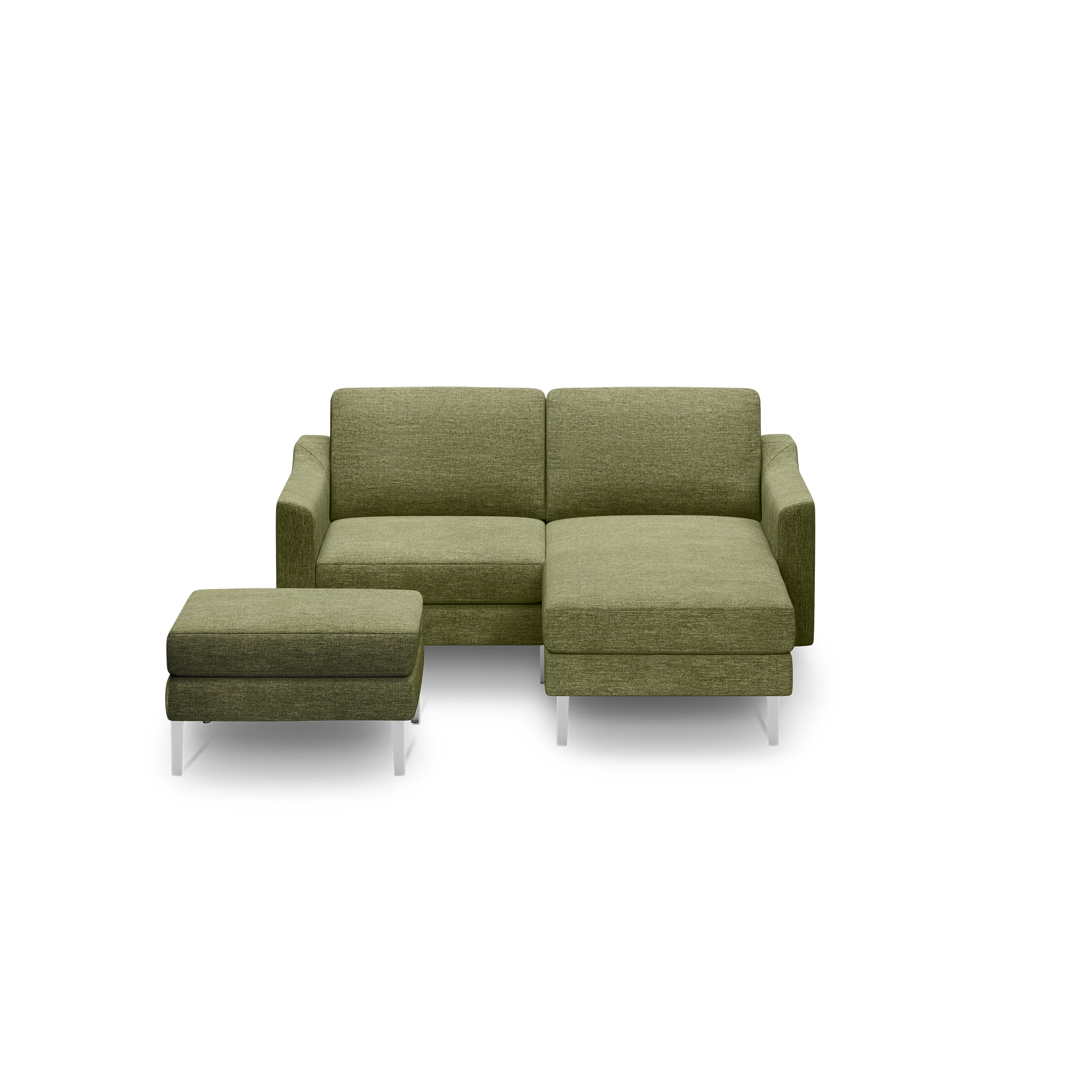 Modern olive green fabric sectional sofa with right chaise and matching ottoman, featuring sleek silver metal legs.