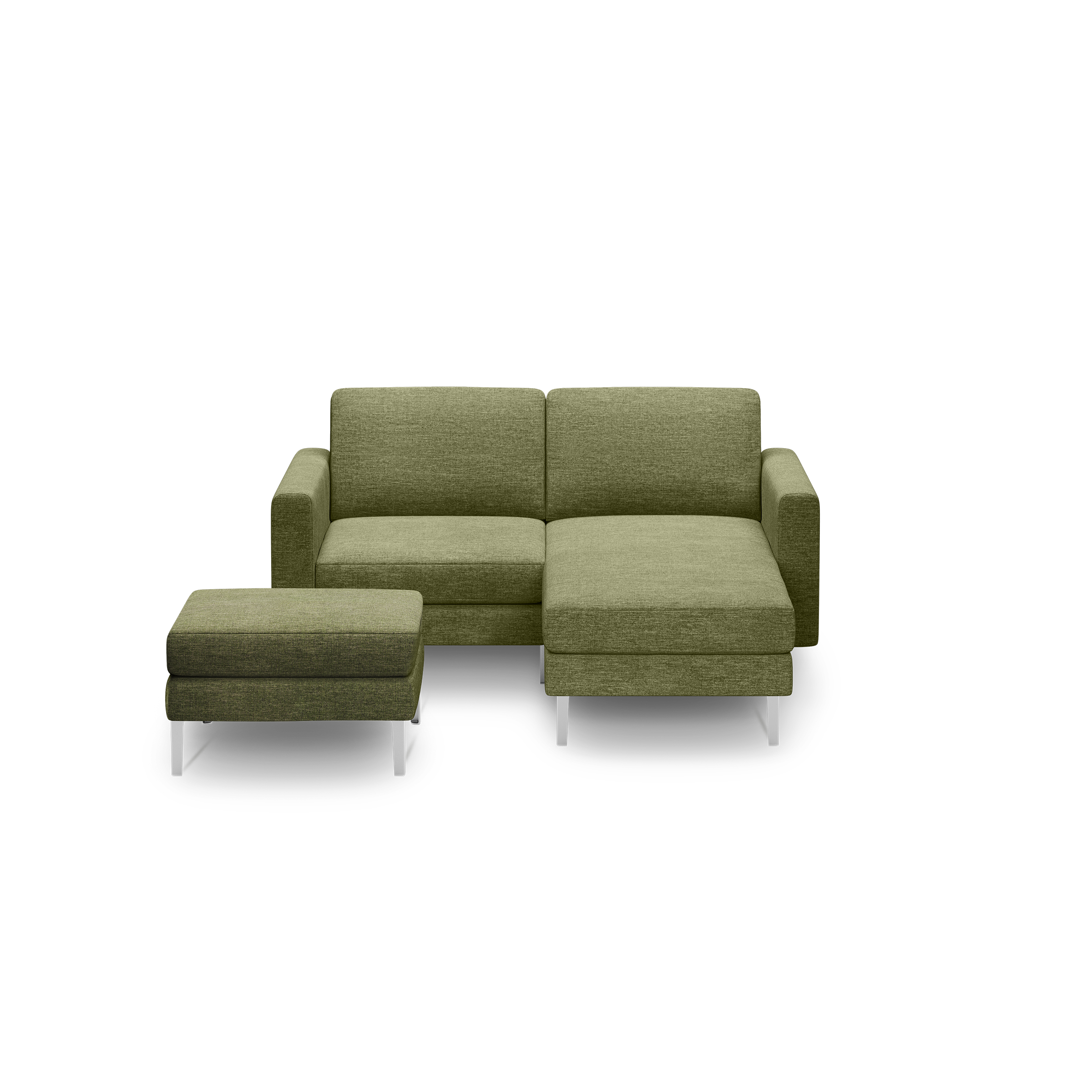 Modern olive green sectional sofa with chaise lounge and matching ottoman, featuring sleek silver legs.