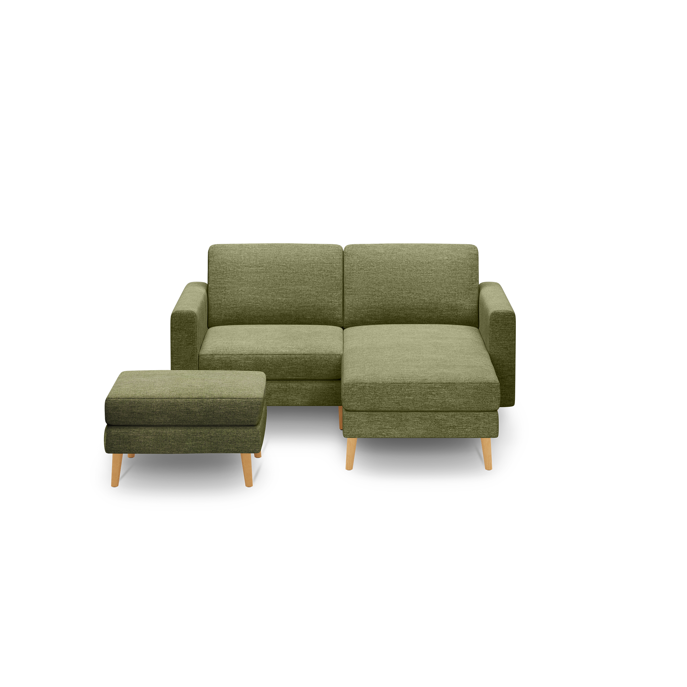 Modern olive green fabric sofa with wooden legs, featuring a chaise lounge and matching ottoman on a black background.