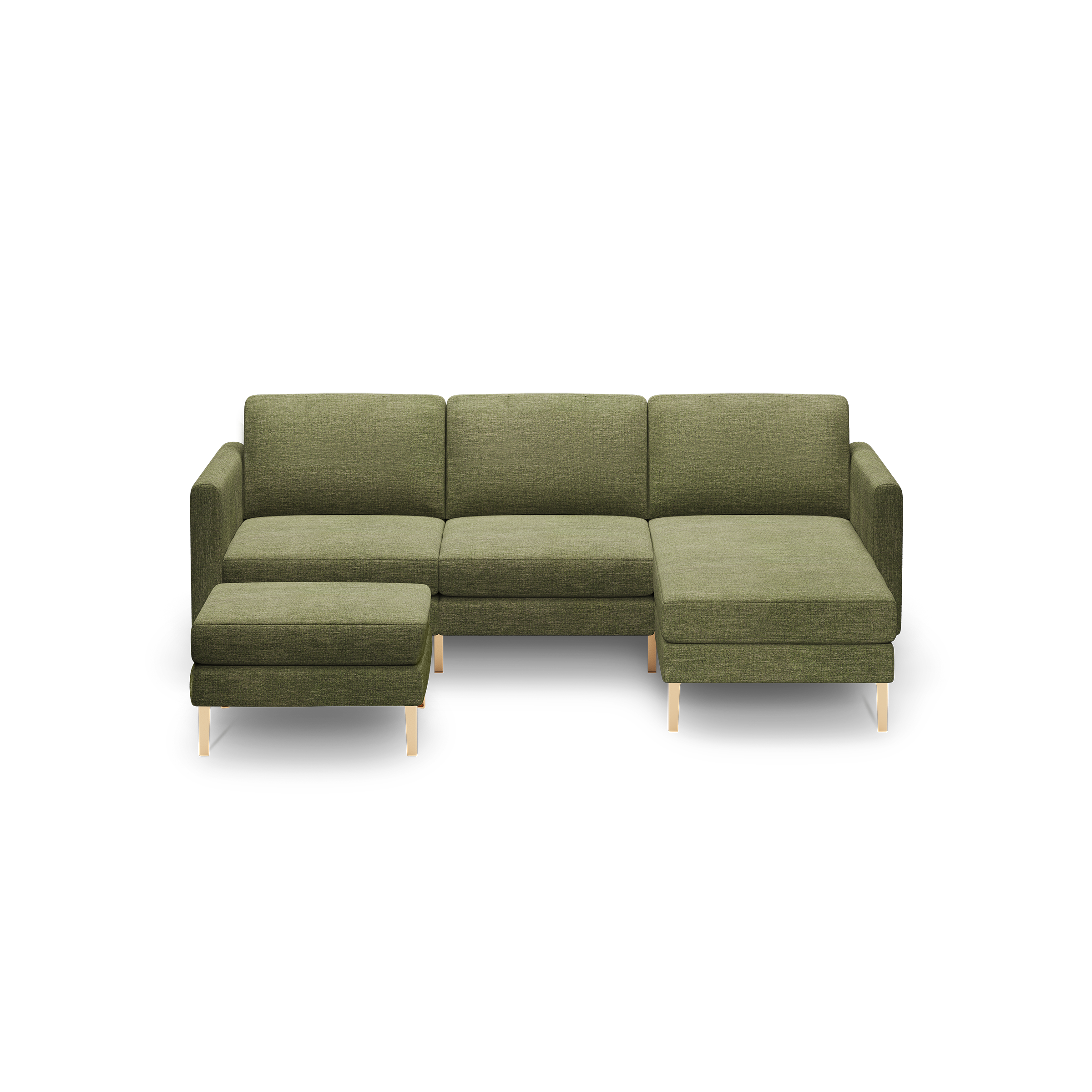 Olive green fabric sectional sofa with a chaise lounge on the right and a matching ottoman, both featuring light wooden legs.