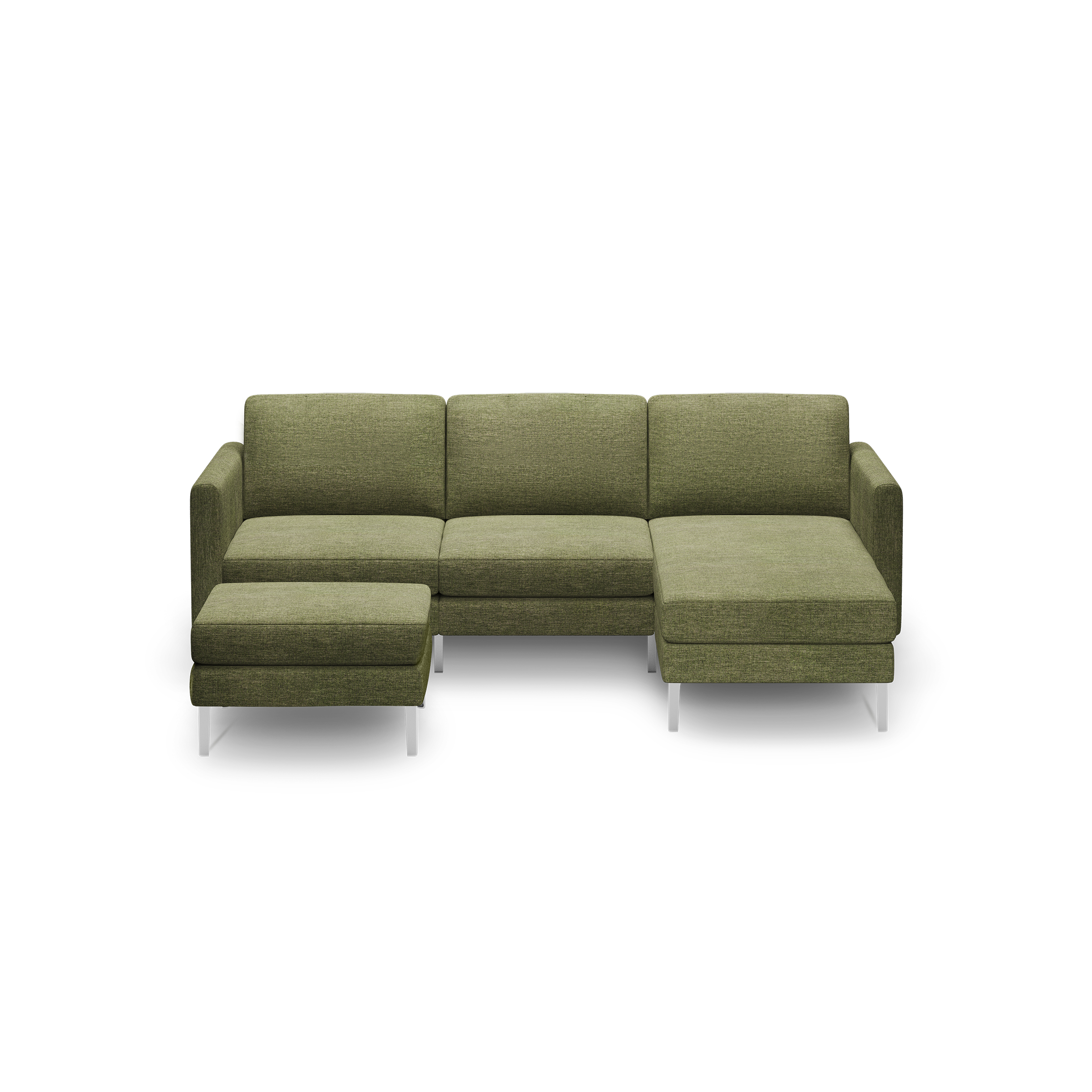 Olive green sectional sofa with clean lines, fabric upholstery, metal legs, and a left-side ottoman on a black background.