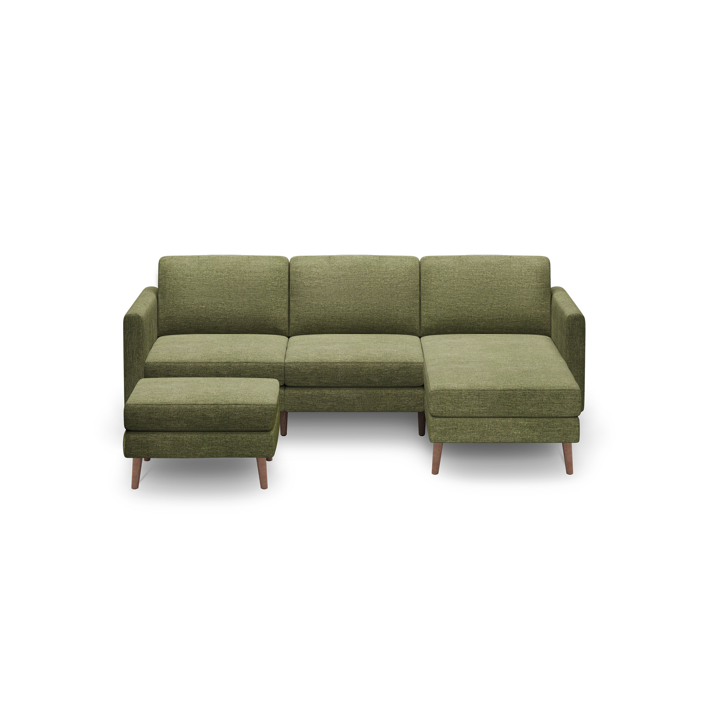 Green upholstered sectional sofa with clean lines, wooden legs, and attached ottoman on left side.