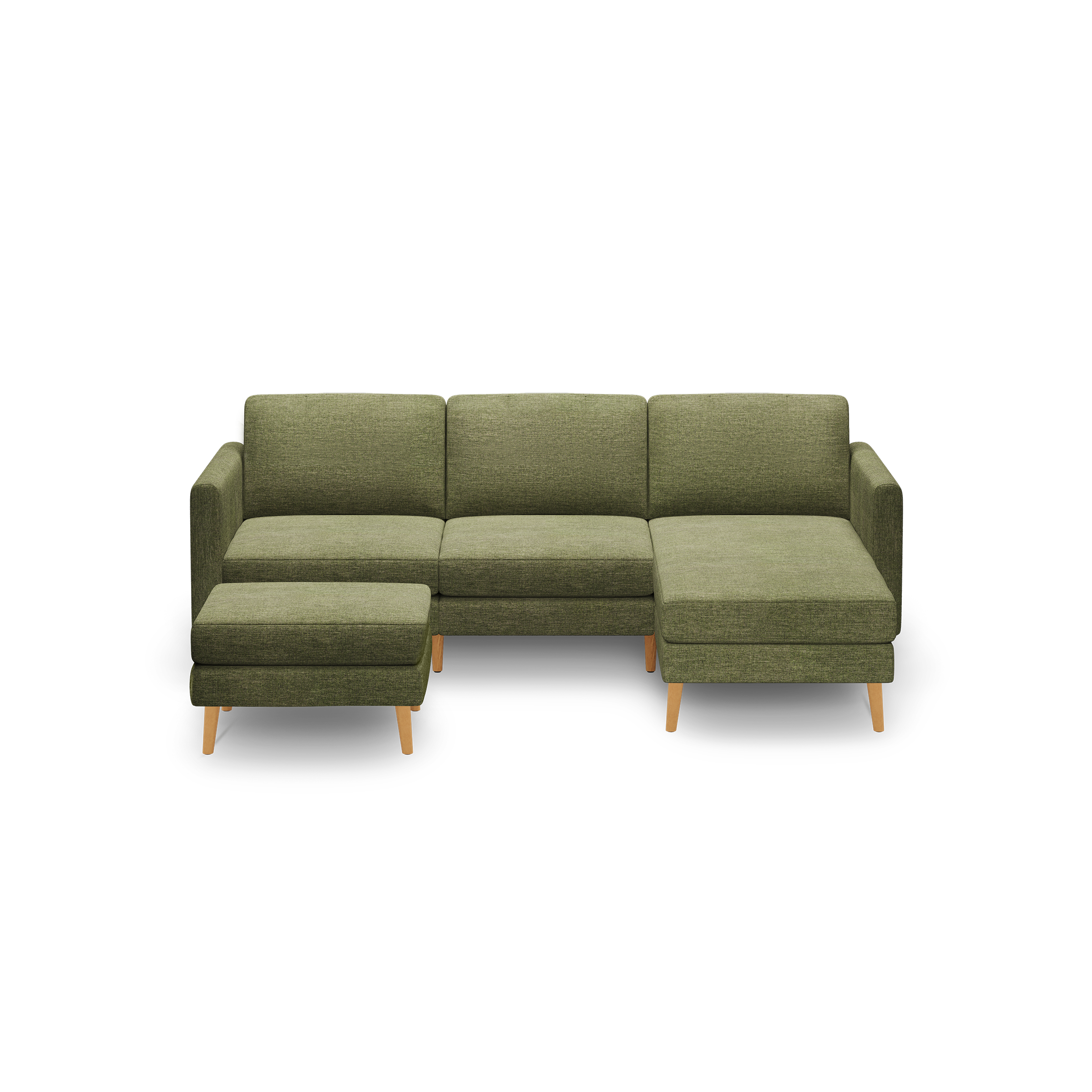 Green fabric sectional sofa with wooden legs, featuring a left-side ottoman and right-side chaise lounge.