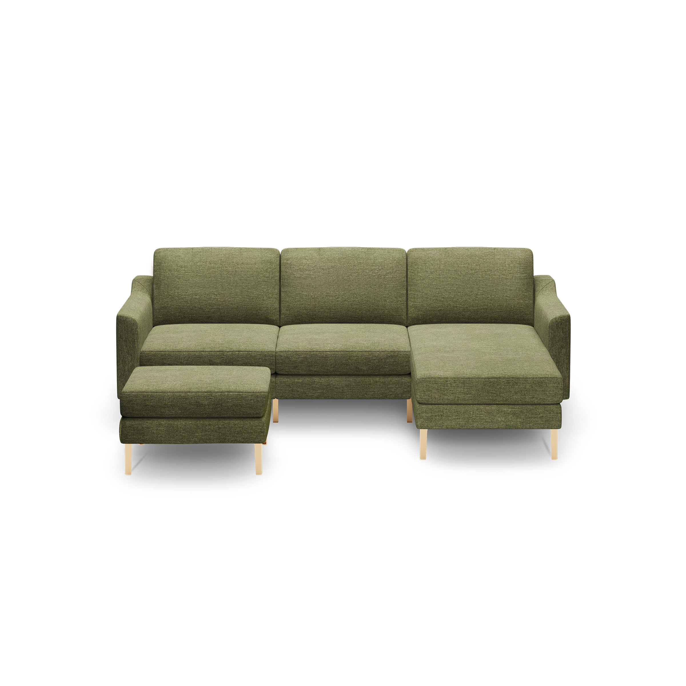 Green fabric sectional sofa with wooden legs, featuring a left-side ottoman and right-side chaise lounge.