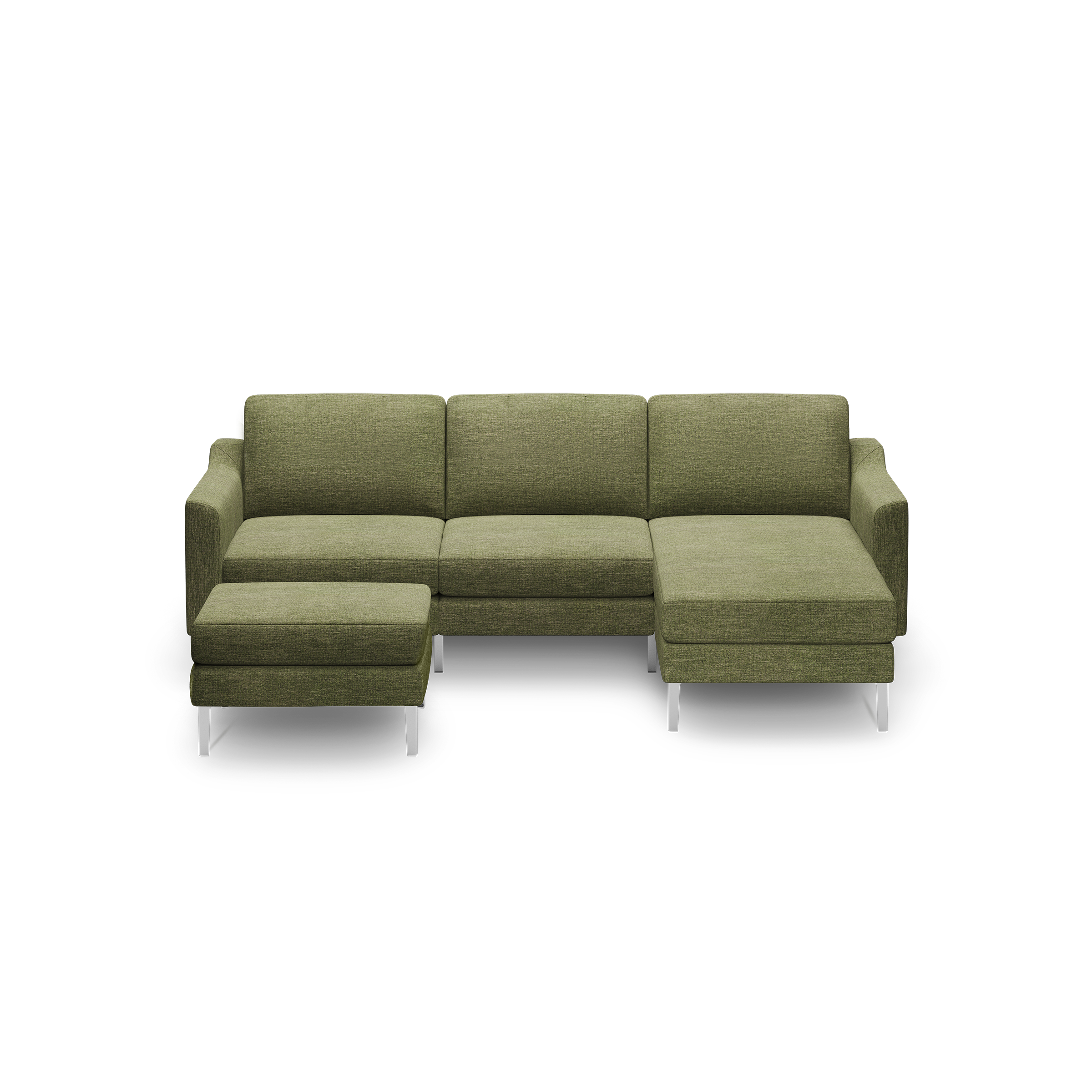 Green upholstered modern sectional sofa with chaise lounge on the right and metal legs on a black background.