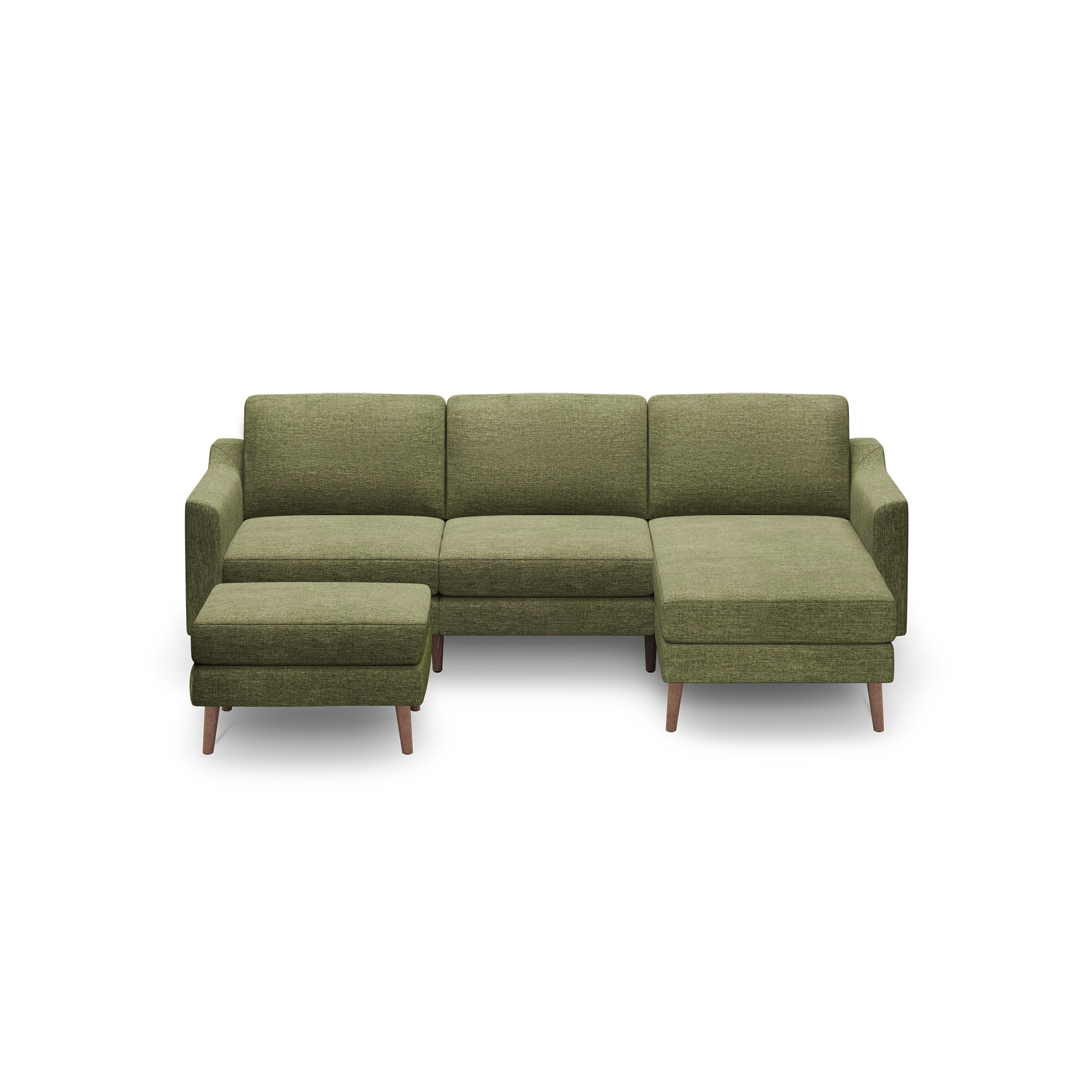 Green fabric sectional sofa with wooden legs, including a left-side ottoman and right-side chaise lounge.