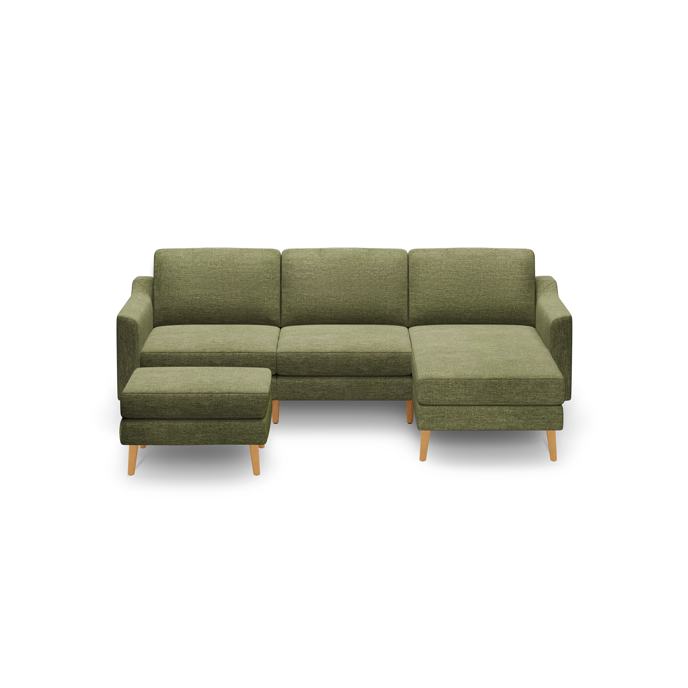 Modern olive green fabric sectional sofa with wooden legs, featuring a chaise lounge on the right and a matching ottoman on the left.