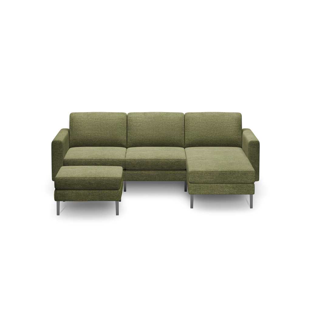 Modern olive green fabric sectional sofa with metal legs, featuring a left-side ottoman and right-side chaise lounge.