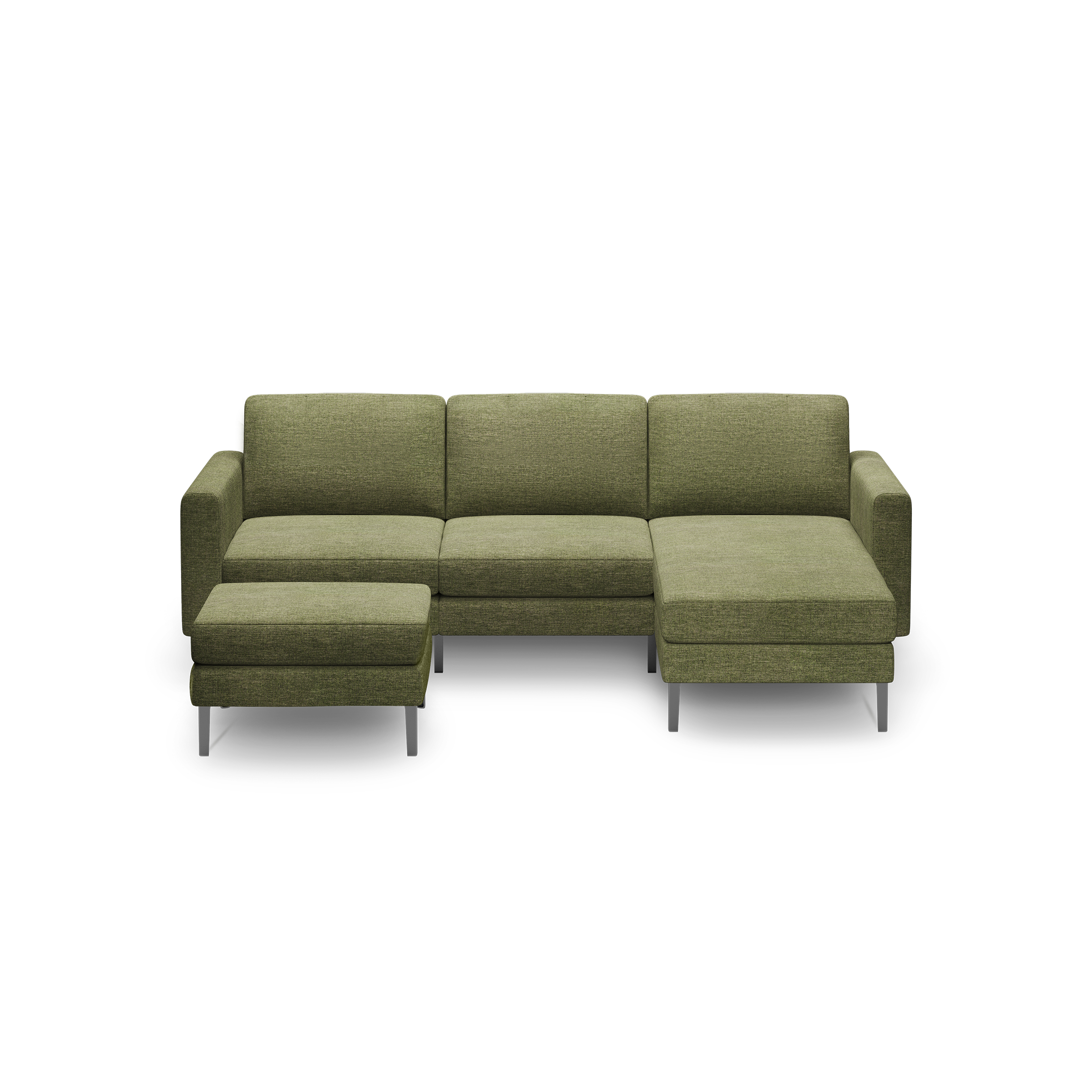 Modern olive green fabric sectional sofa with metal legs, featuring a left-side ottoman and right-side chaise lounge.