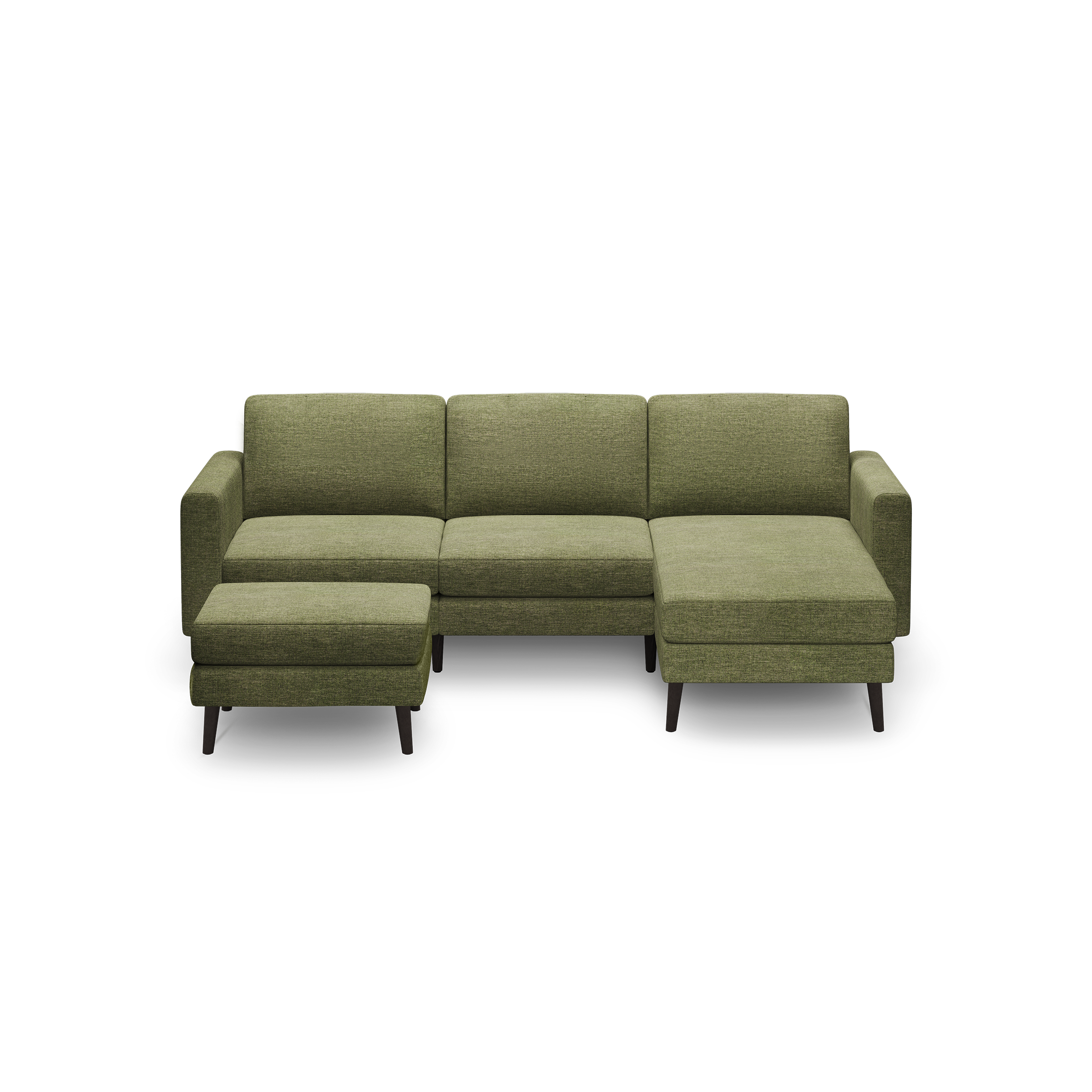 Modern L-shaped olive green fabric sofa with three-seat cushions, low backrest, armrests, and dark wooden legs, isolated on black background.