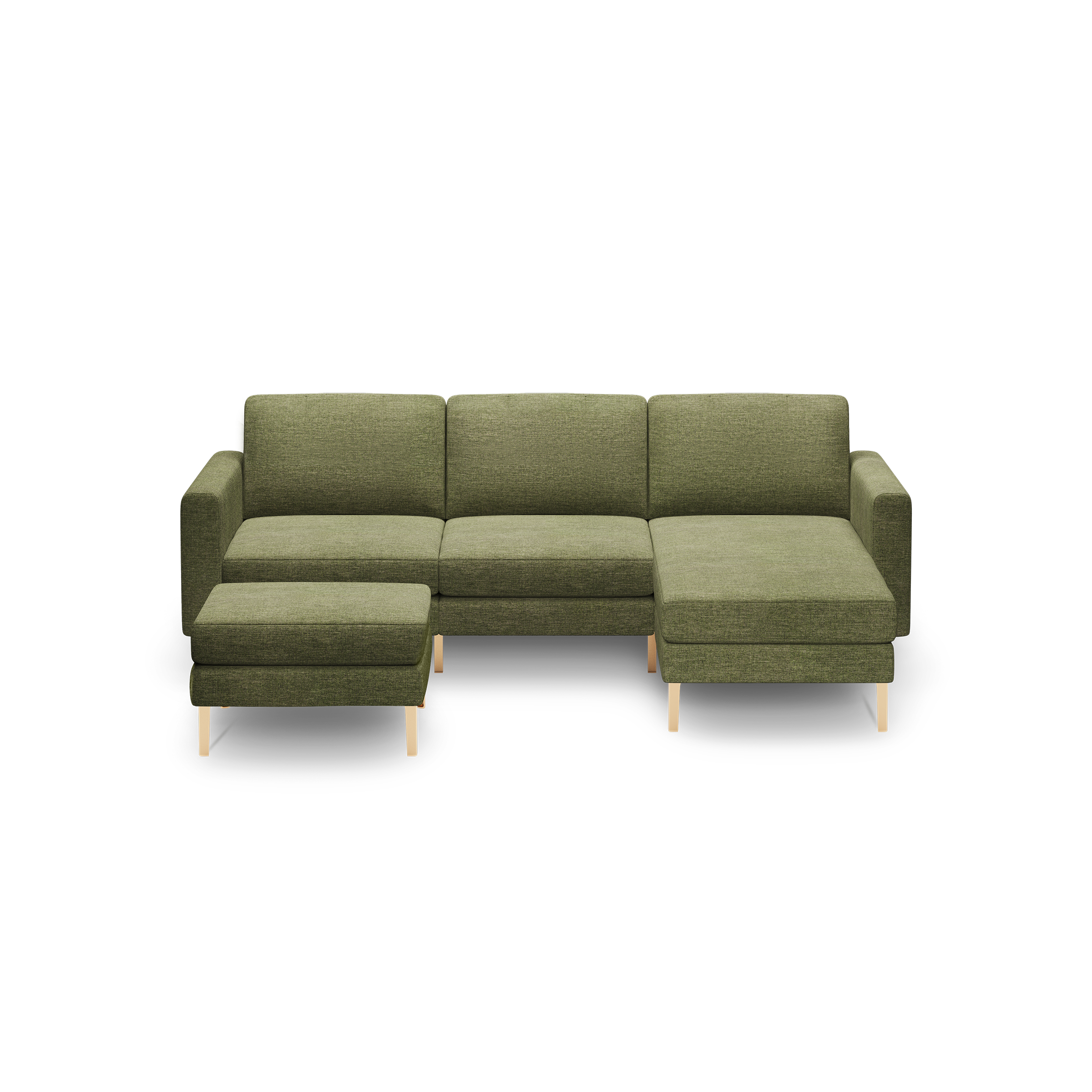 Olive green fabric sectional sofa with wooden legs, featuring a chaise lounge on the right and a matching ottoman on the left.
