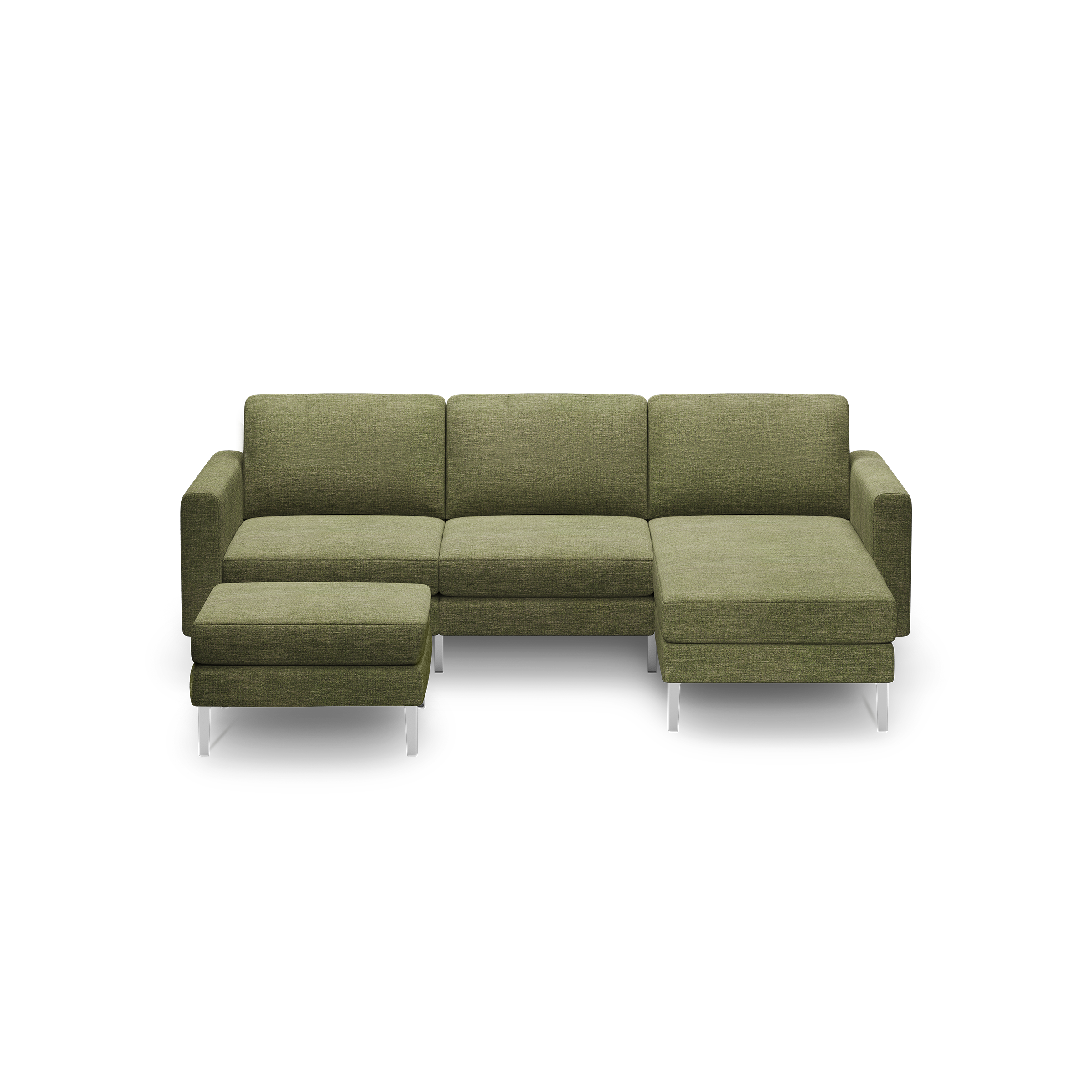 Green fabric modern sectional sofa with a chaise lounge on the right and a matching ottoman on the left, supported by slim metallic legs.