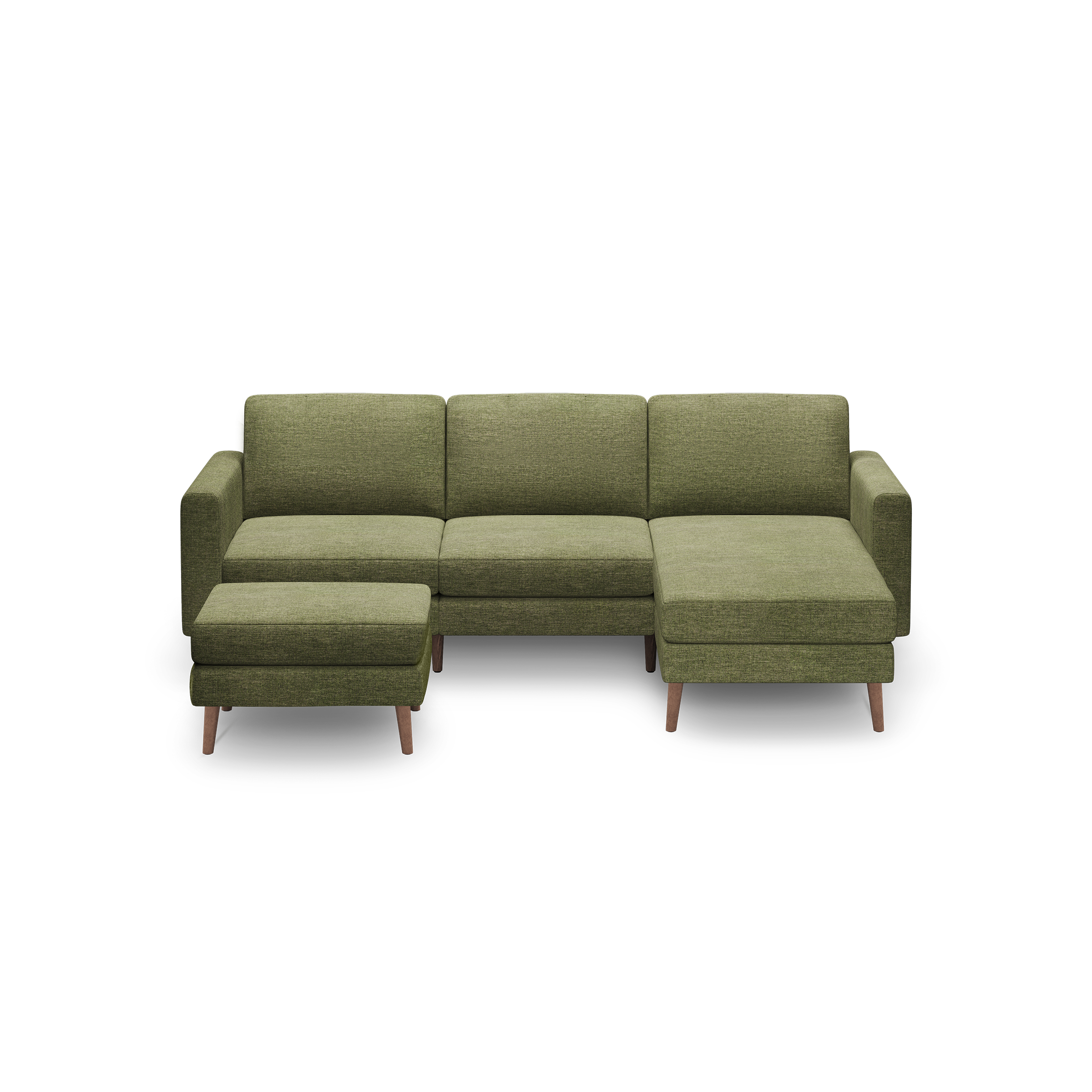 Modern olive green fabric sectional sofa with wooden legs, including a left-side ottoman and a right-side chaise lounge.