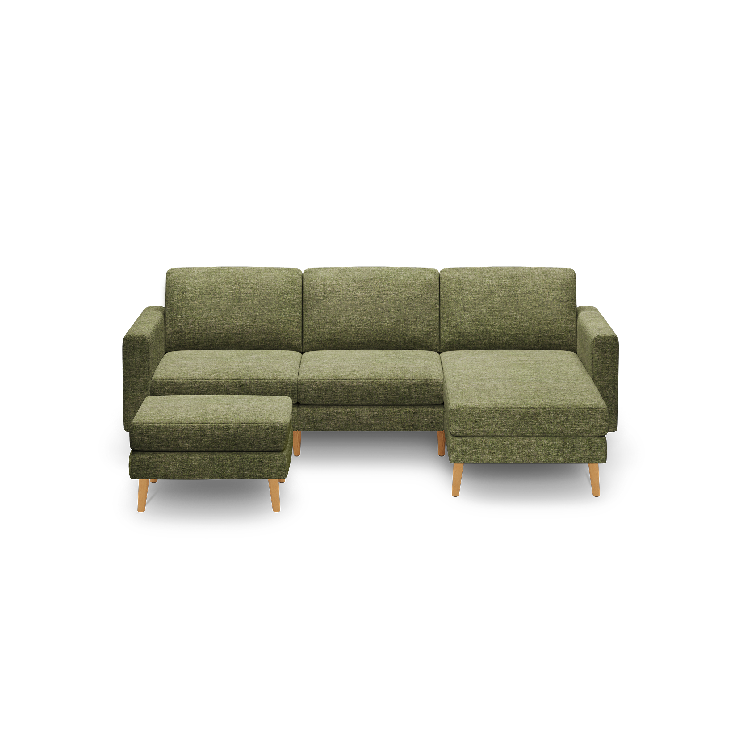 Olive green fabric L-shaped sectional sofa with wooden legs and matching ottoman, modern and minimalistic design.