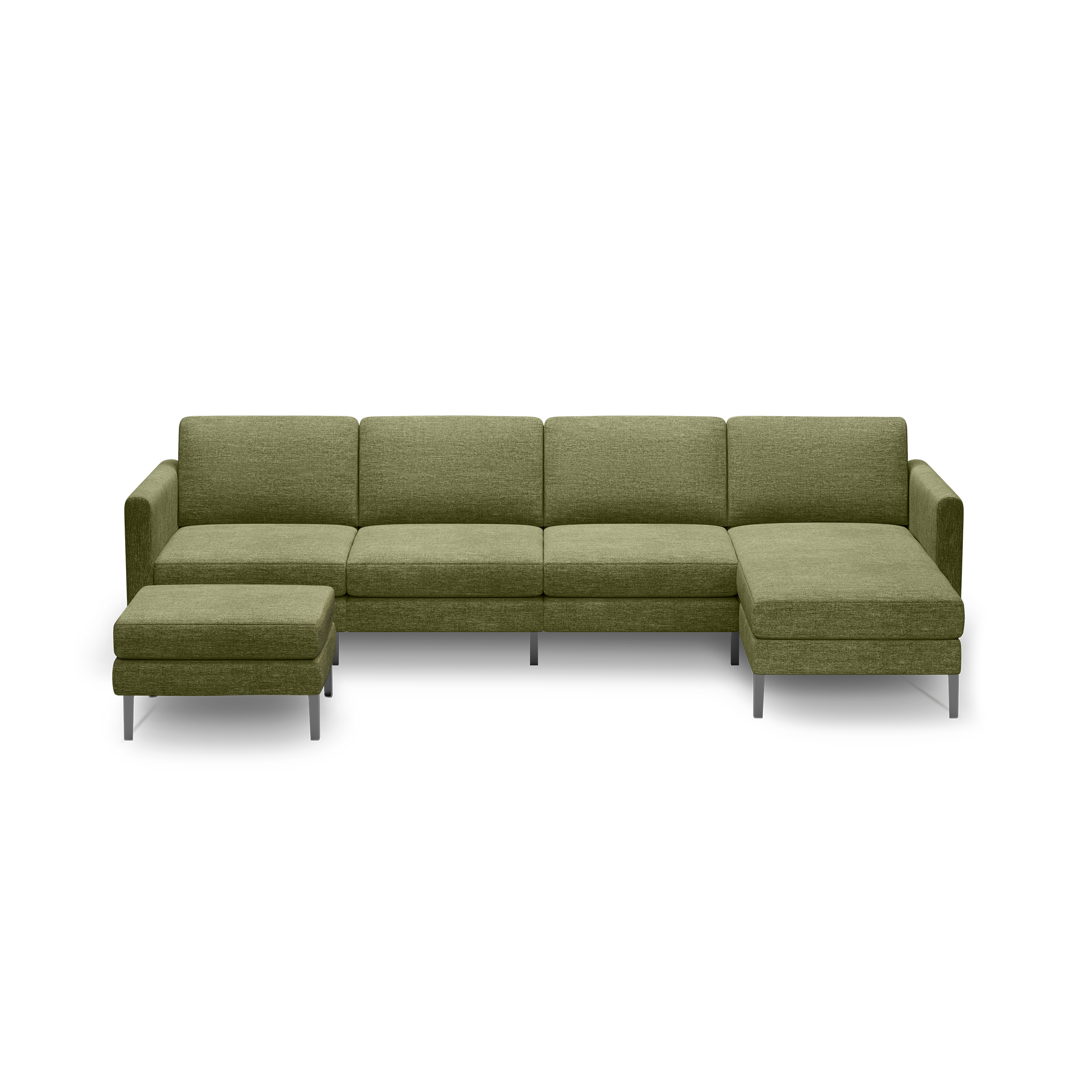 Olive green sectional sofa with chaise lounge and matching ottoman, featuring a modern design and metal legs, isolated on black background.