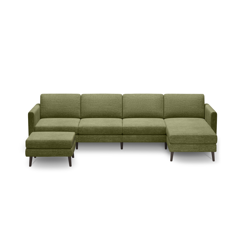 Modern olive green fabric sectional sofa with chaise lounge and matching ottoman, featuring wooden legs and clean lines.