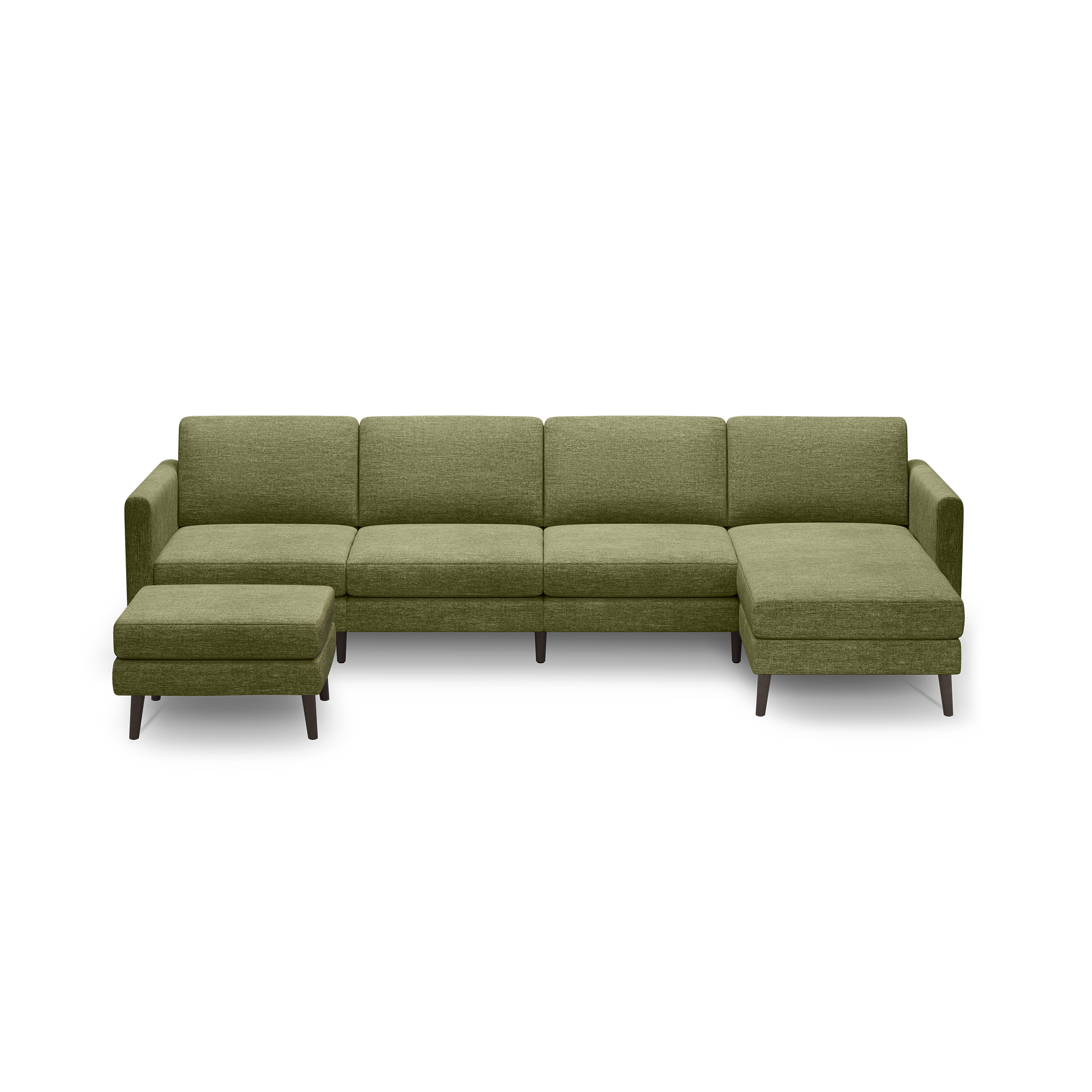 Modern olive green fabric sectional sofa with chaise lounge and matching ottoman, featuring wooden legs and clean lines.