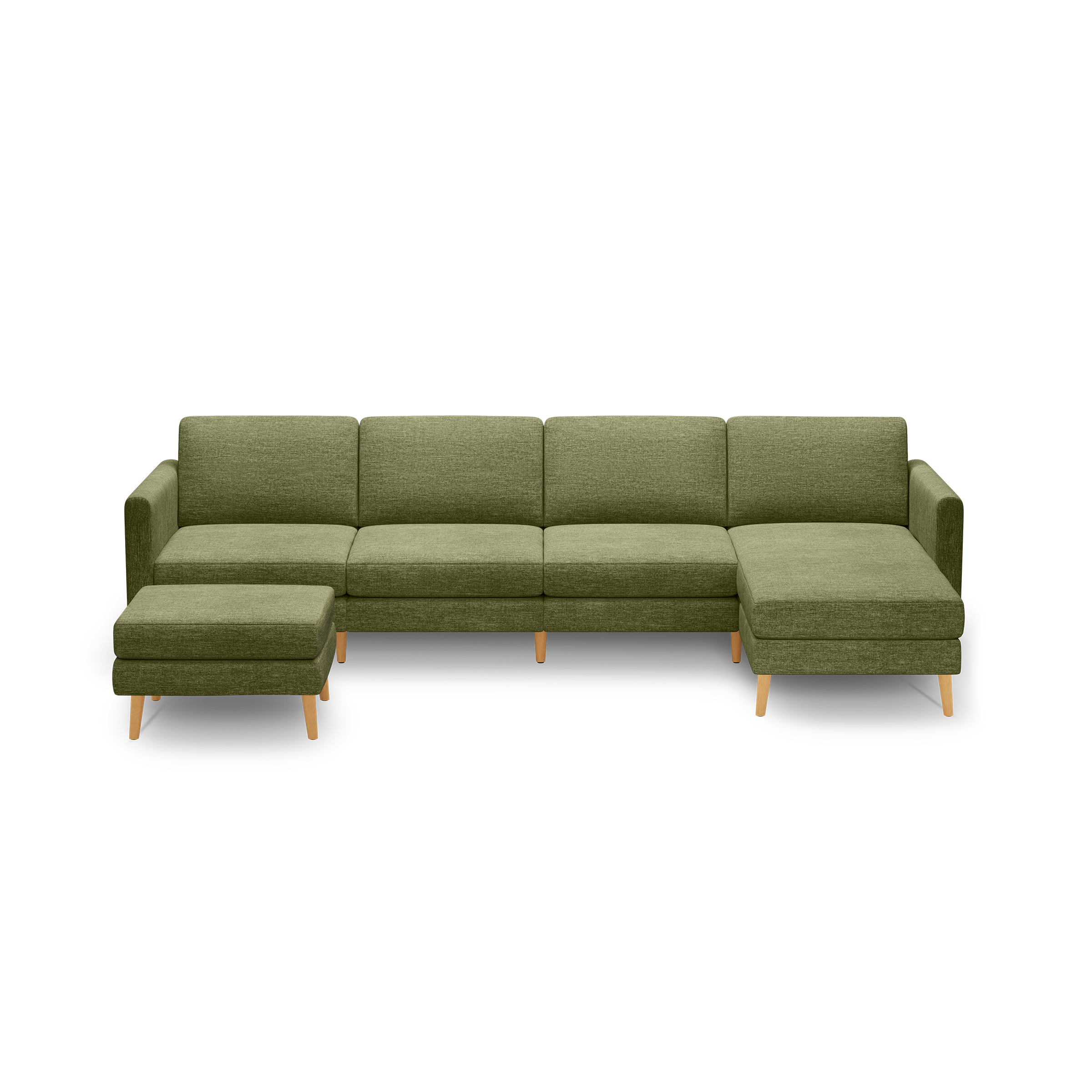 Green fabric sectional sofa with wooden legs, consisting of five seats and a matching ottoman against black background.