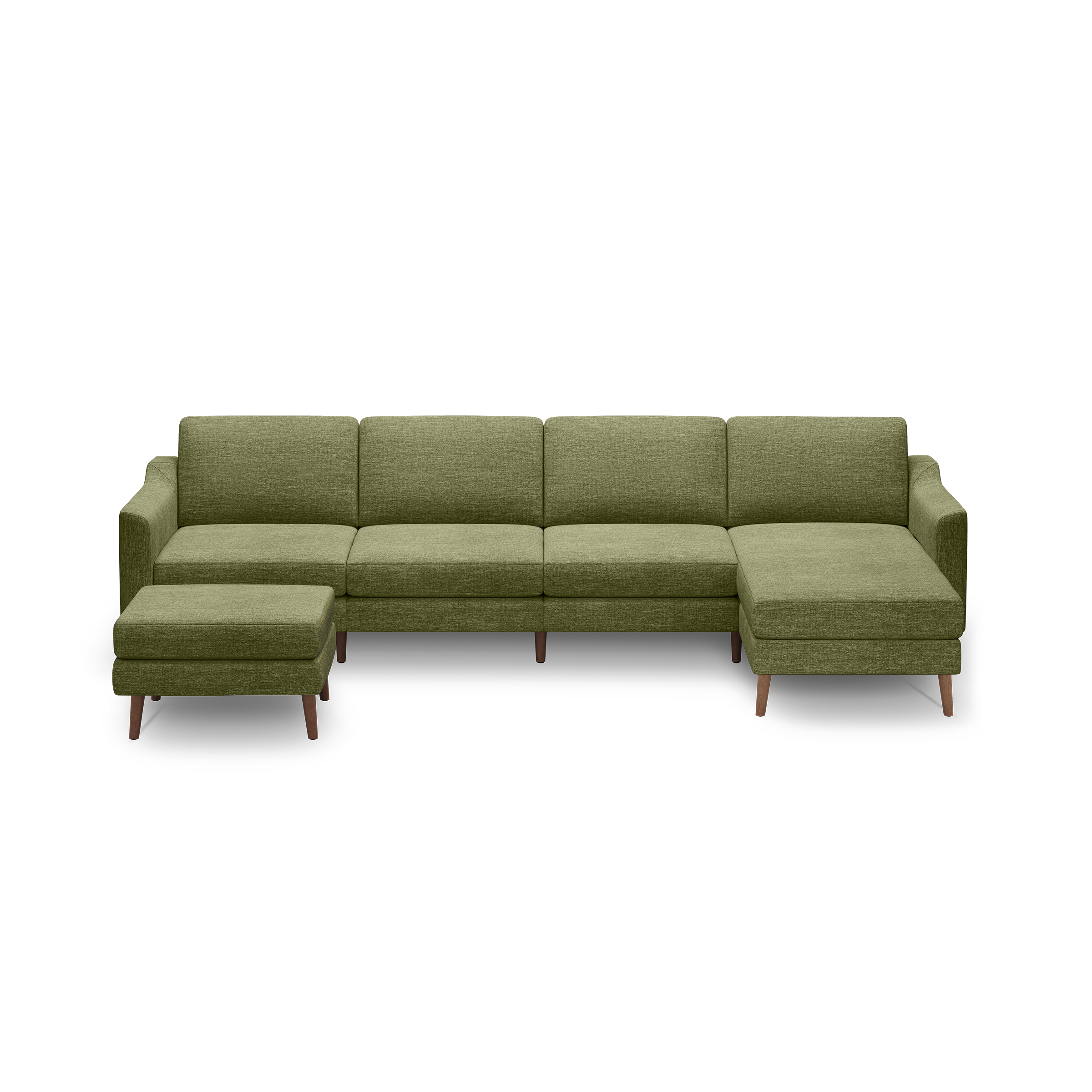 Modern L-shaped sectional sofa in olive green fabric with wooden legs and a matching ottoman against a black background.