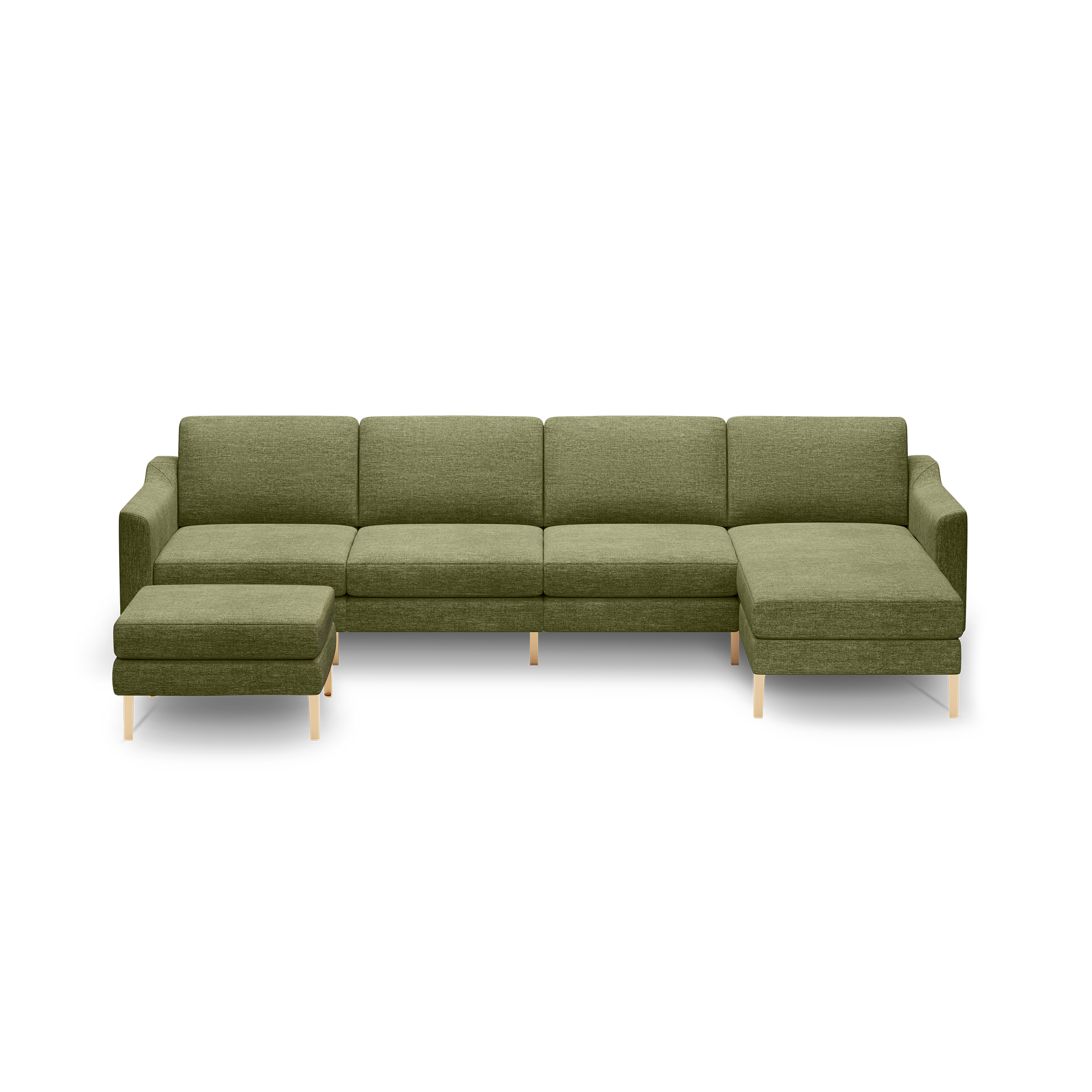 Modern olive green fabric sectional sofa with wooden legs, featuring a chaise lounge and a matching ottoman.