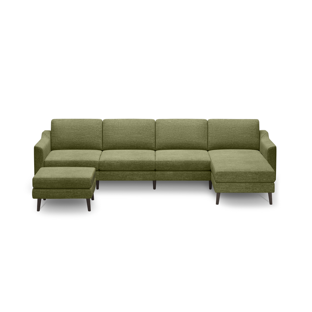 Modern olive green fabric sectional sofa with clean lines and a matching ottoman, set against a black background.
