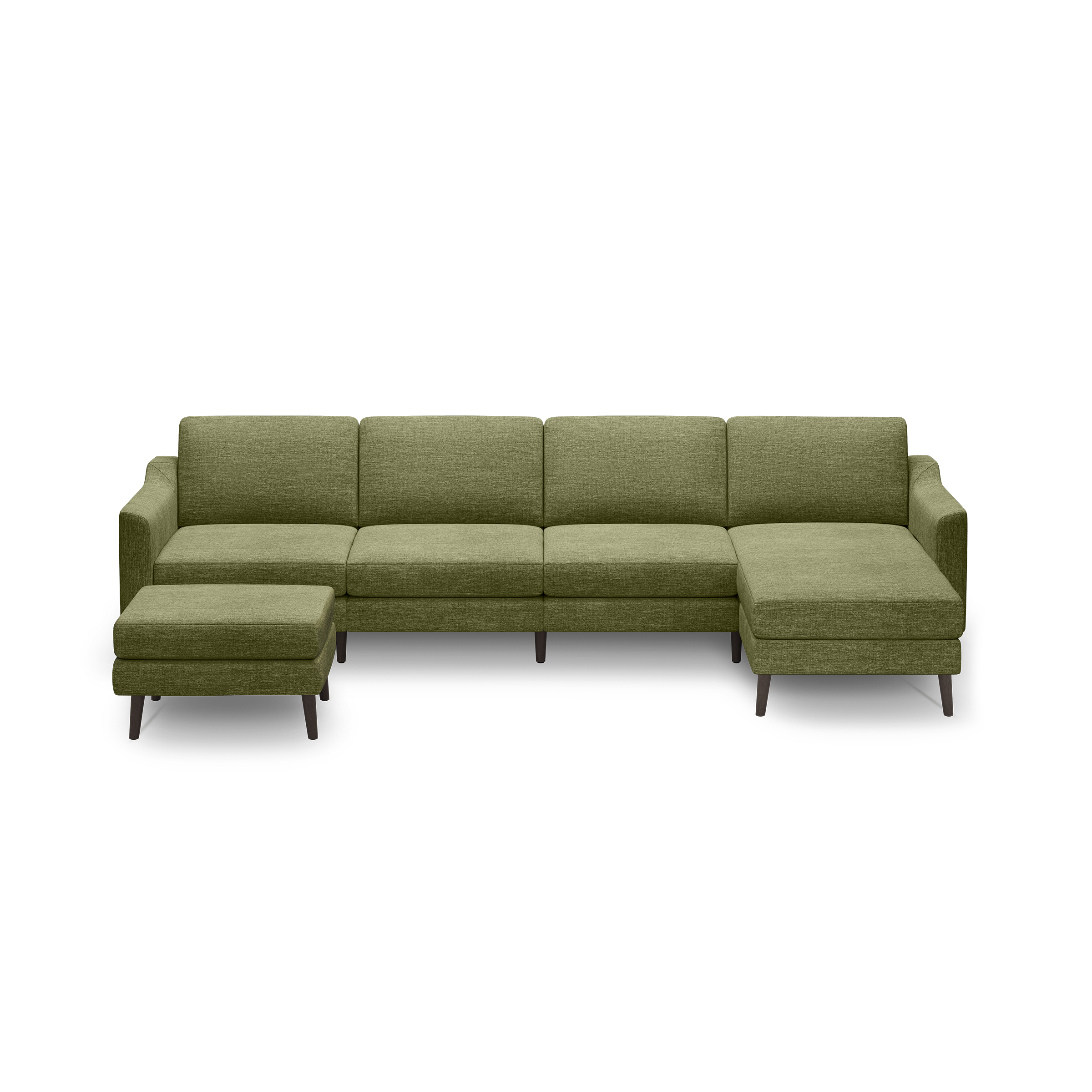 Modern olive green fabric sectional sofa with clean lines and a matching ottoman, set against a black background.