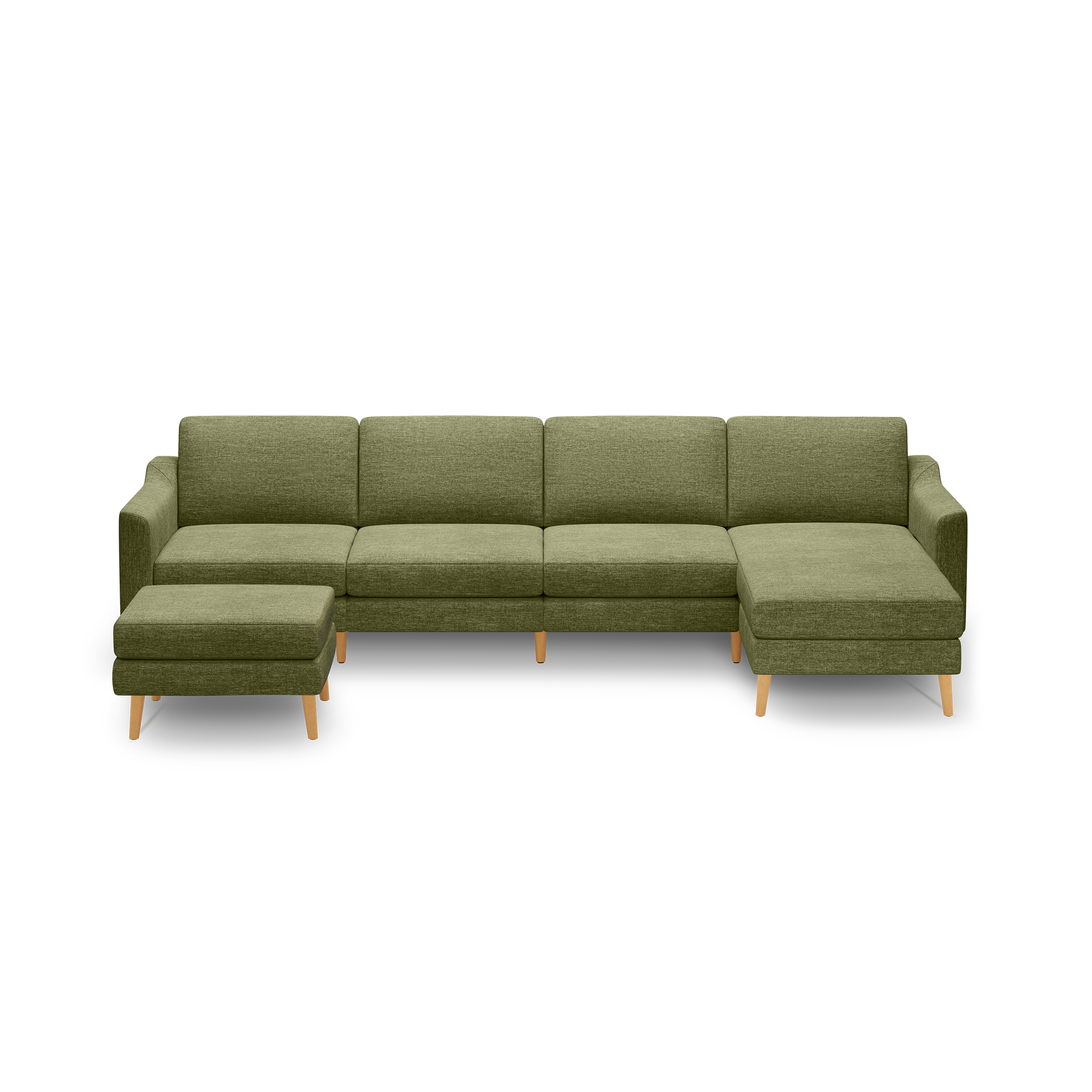 Green fabric sectional sofa with chaise lounge and matching ottoman, supported by light wooden legs.
