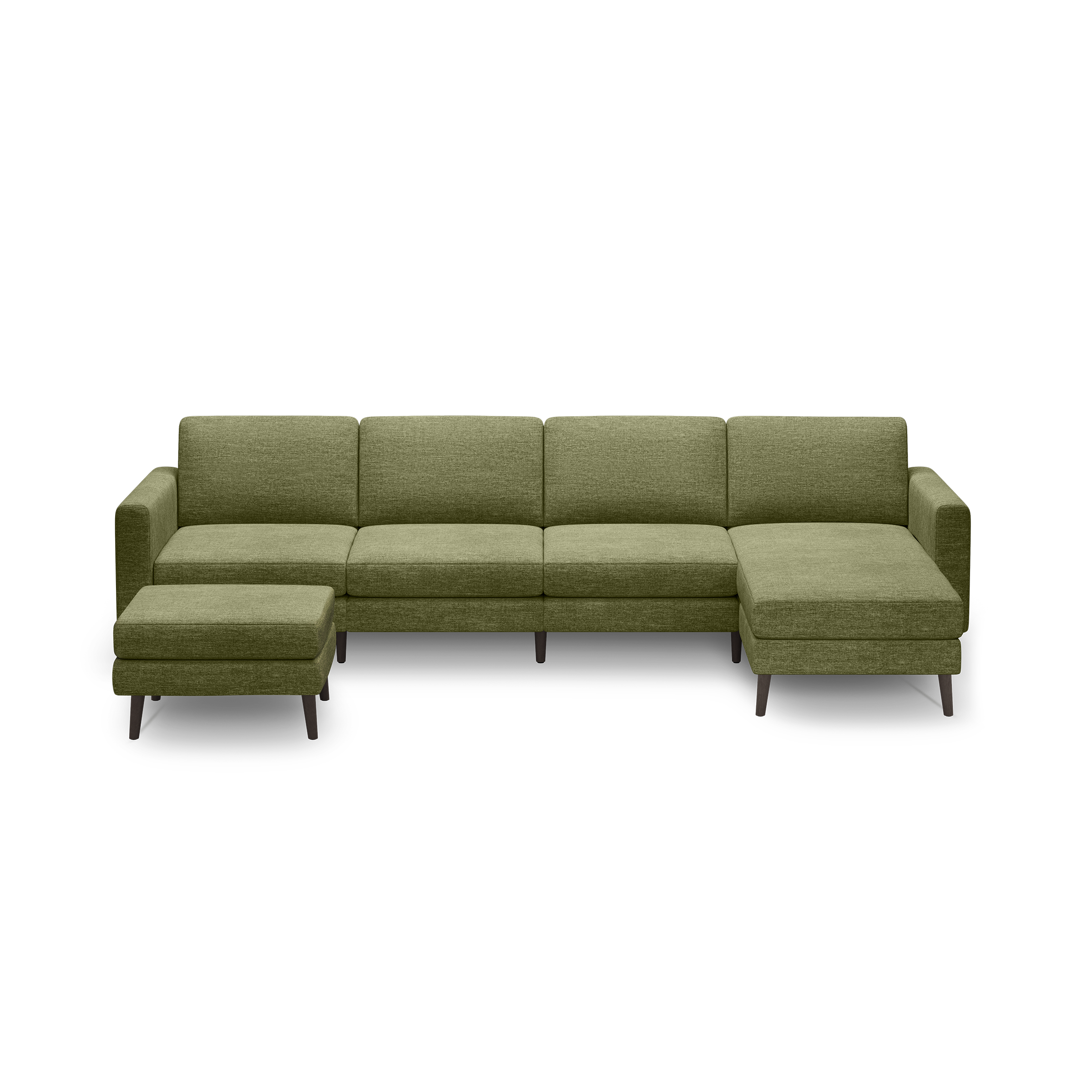 Modern olive green sectional sofa with chaise and matching ottoman, featuring clean lines and dark wooden legs.