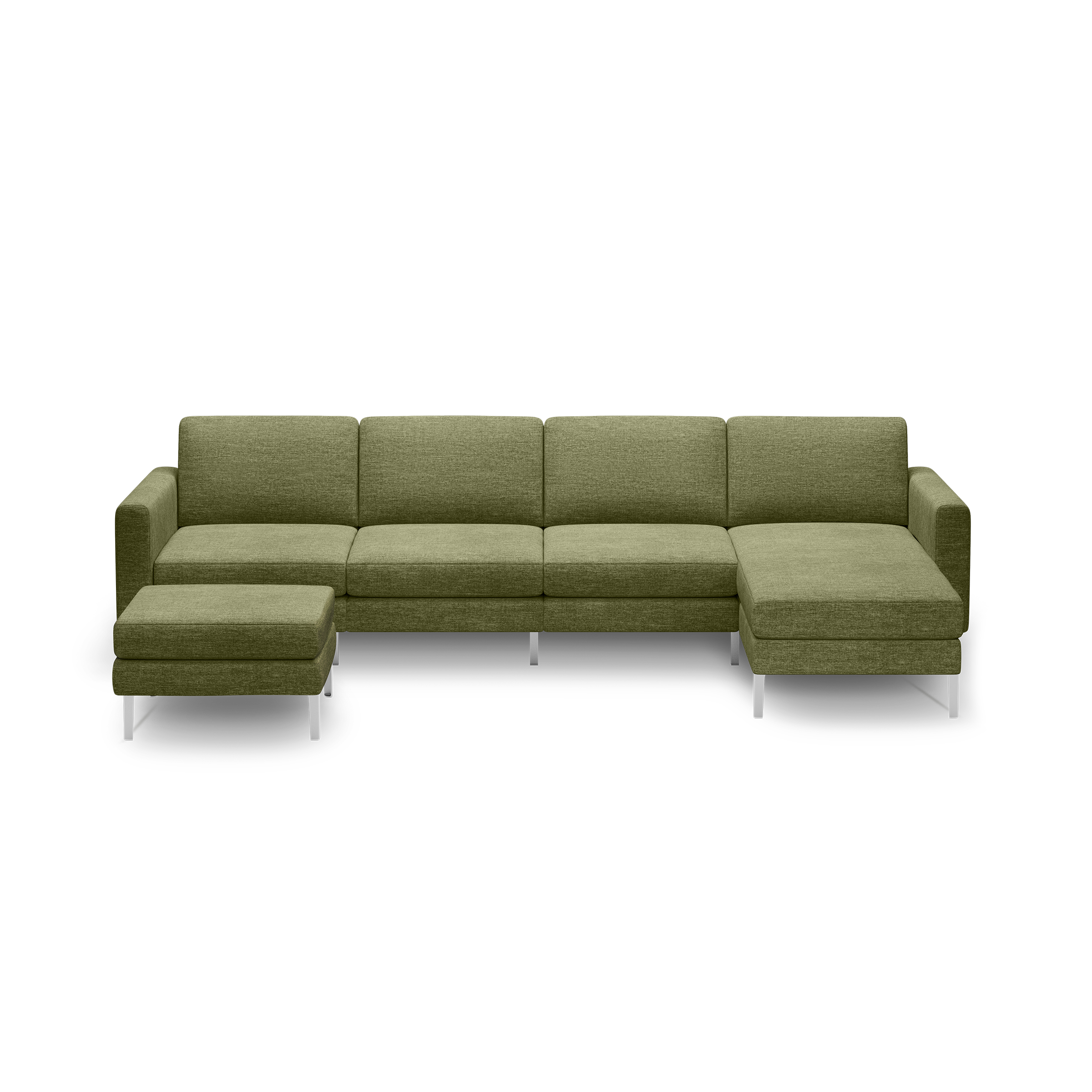 Modern olive green sectional sofa with metal legs, including a chaise lounge on the right and a detachable ottoman on the left.
